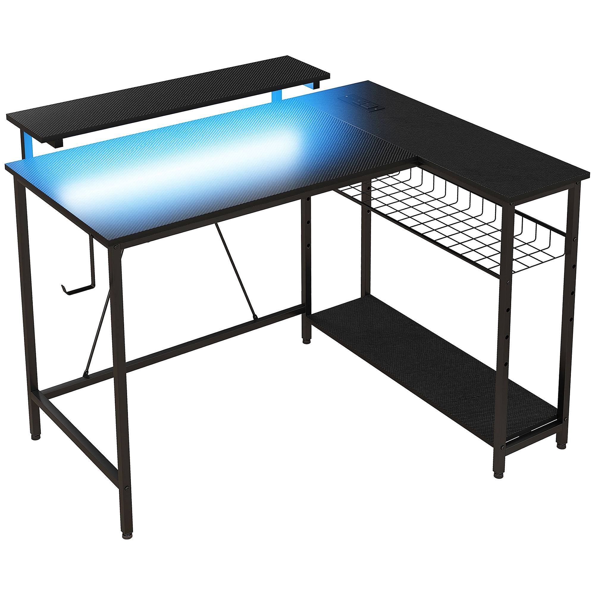 L-format skrivbord med LED, uttag, USB, vändbart, svart