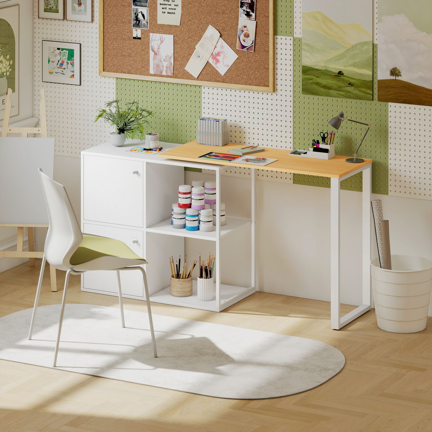 L-format skrivbord, roterande hörn, 2 skåp, 2 hyllor, 150x40x75 cm, vit