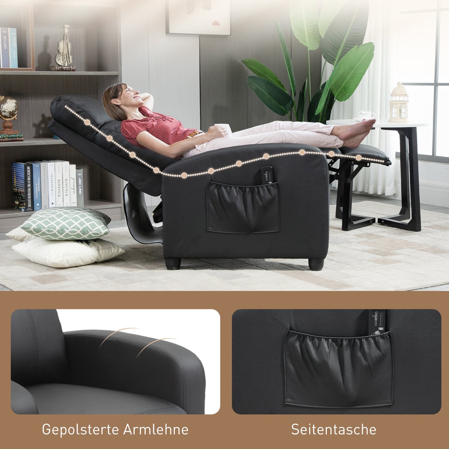 Liggande massage- och avslappningsstol, svart PU-skum