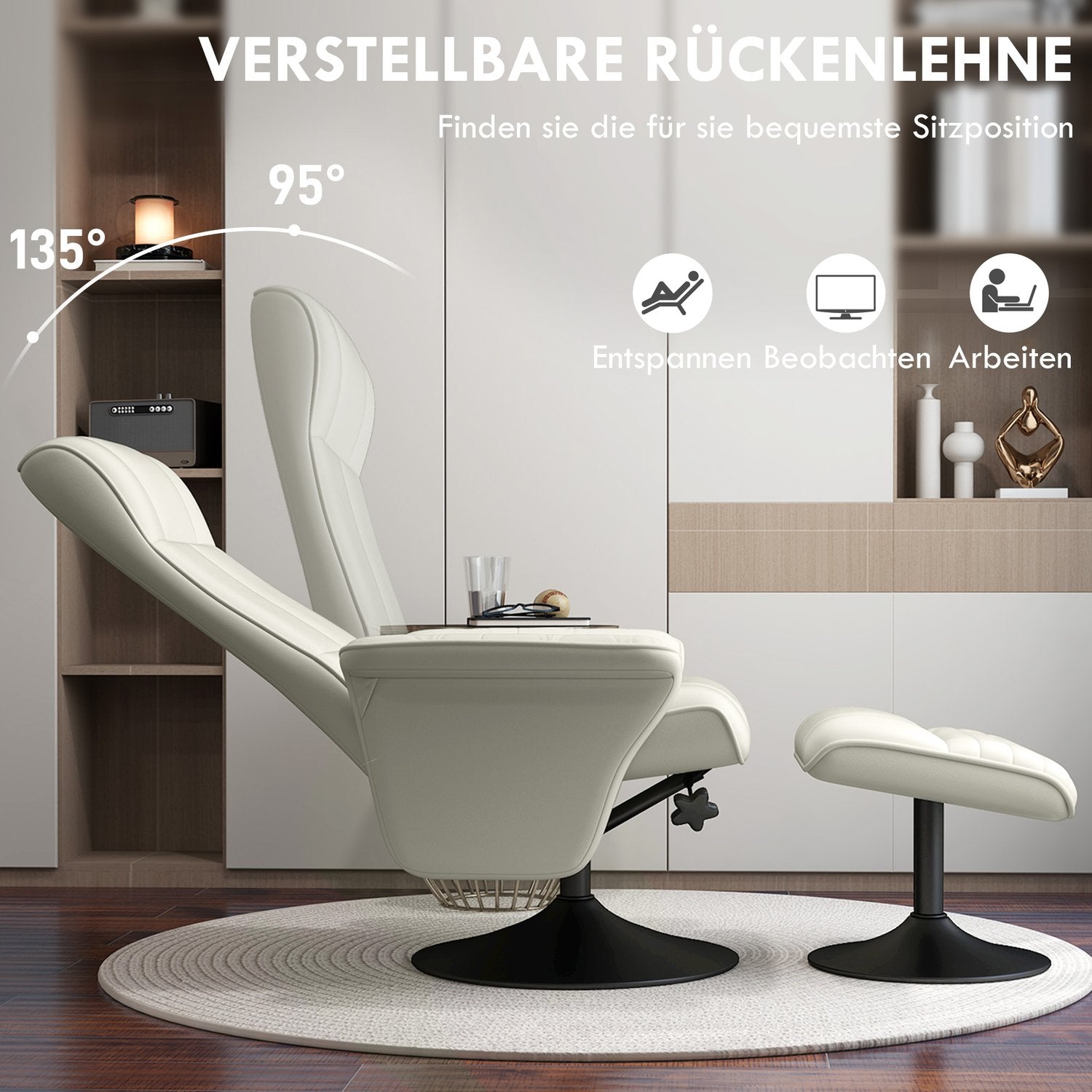 Liggande mikrofiber TV-stol med pall, gräddvit