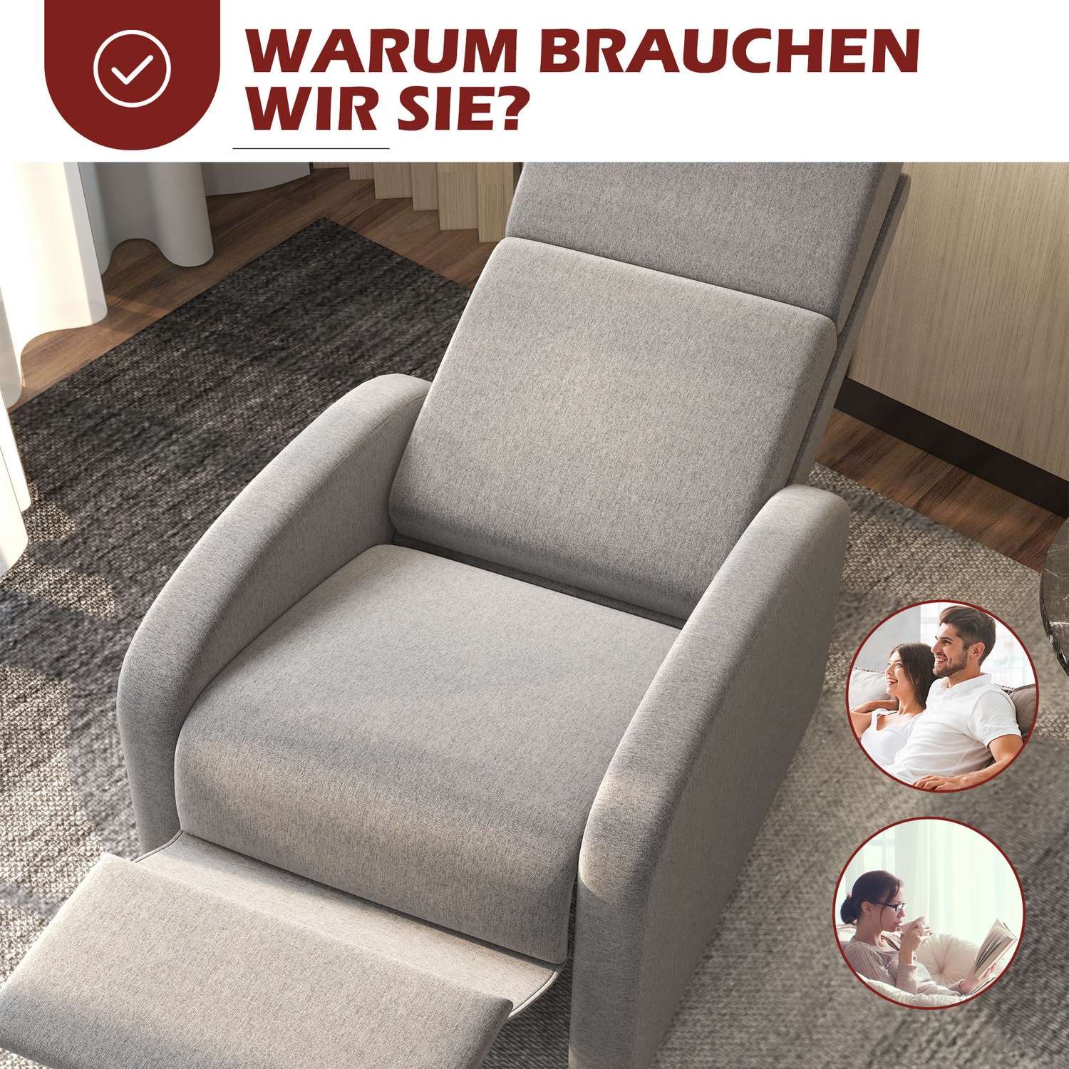 Liggande stol i linnelook med fotstöd, kapacitet 120 kg