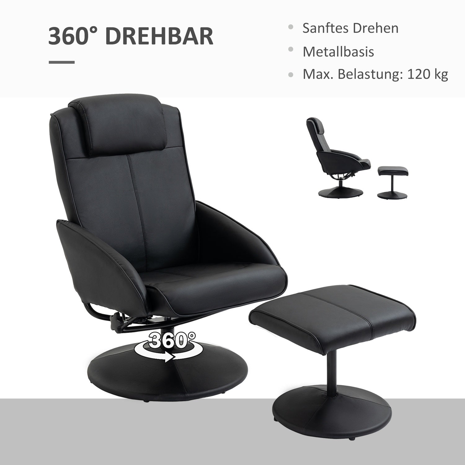 Liggstol med ottomansk, konstläder, svart, justerbar