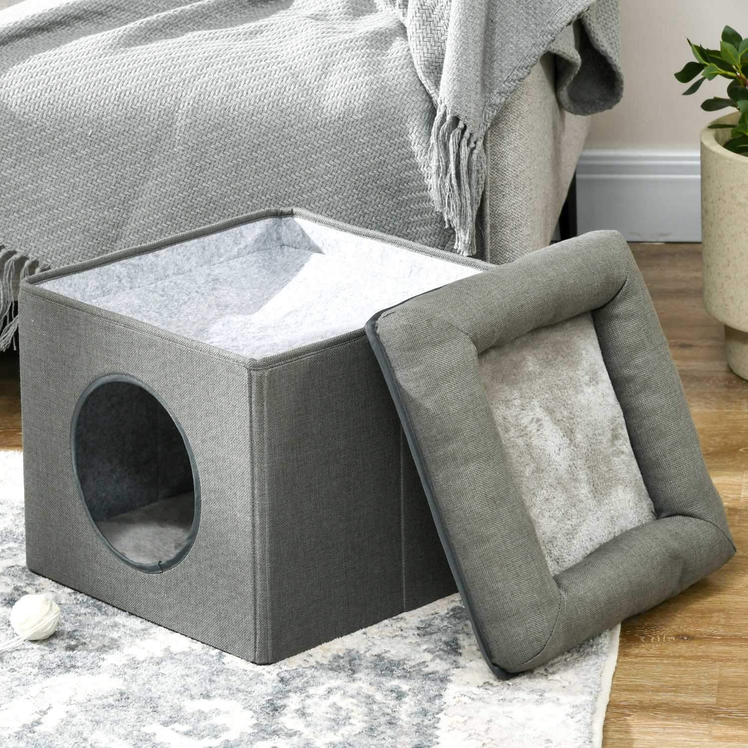 Cat Cave 36,5X36,5X33Cm To-etasjes kattehus med pute, hundehus for katter opptil 5 kg i grønt