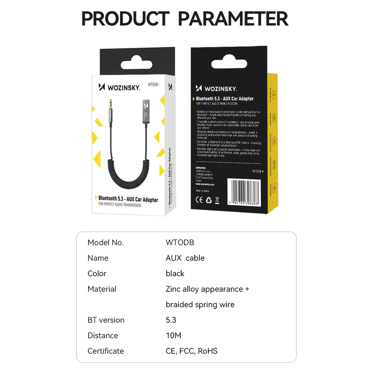Ljudadapter med Bluetooth 5.3-mottagare och 3,5 mm AUX miniJack-kontakt och USB-A