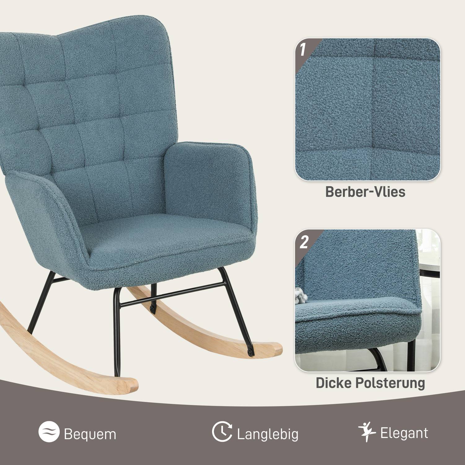 Ljusblå vadderad gungstol med armstöd, 120 kg kapacitet