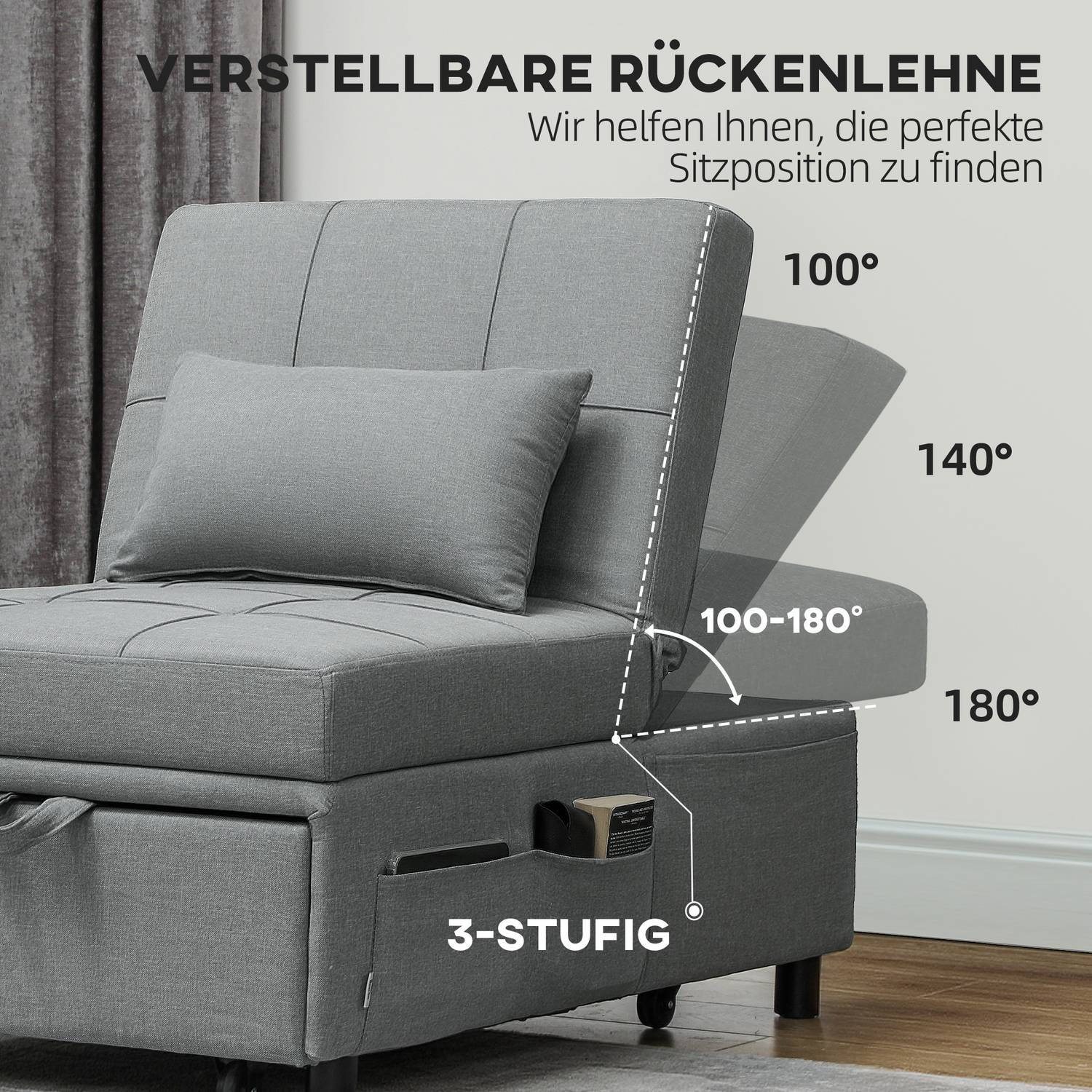 Ljusgrå 3-i-1 bäddsoffa, justerbar, utdragbar design