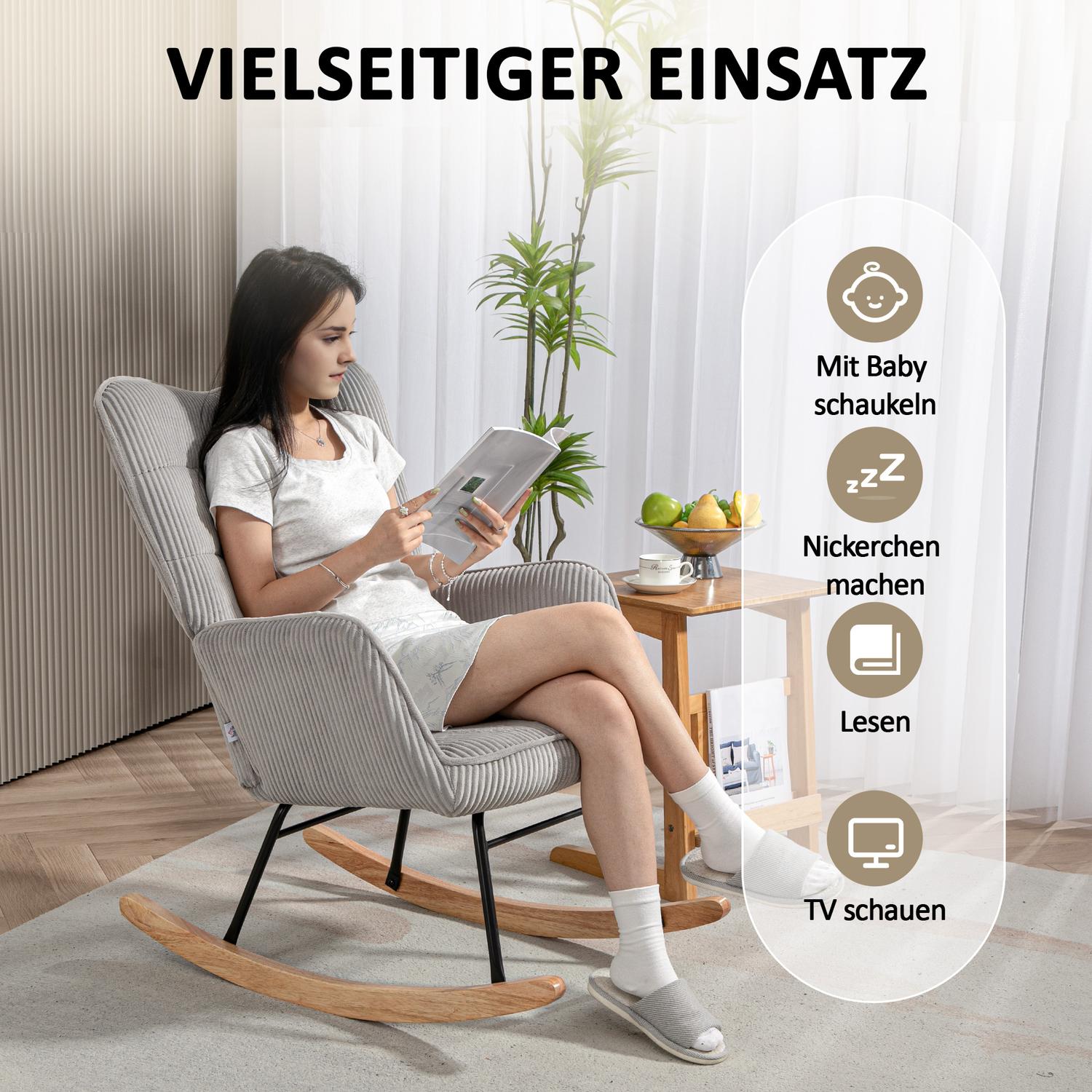 Ljusgrå gungstol med armstöd, trälöpare