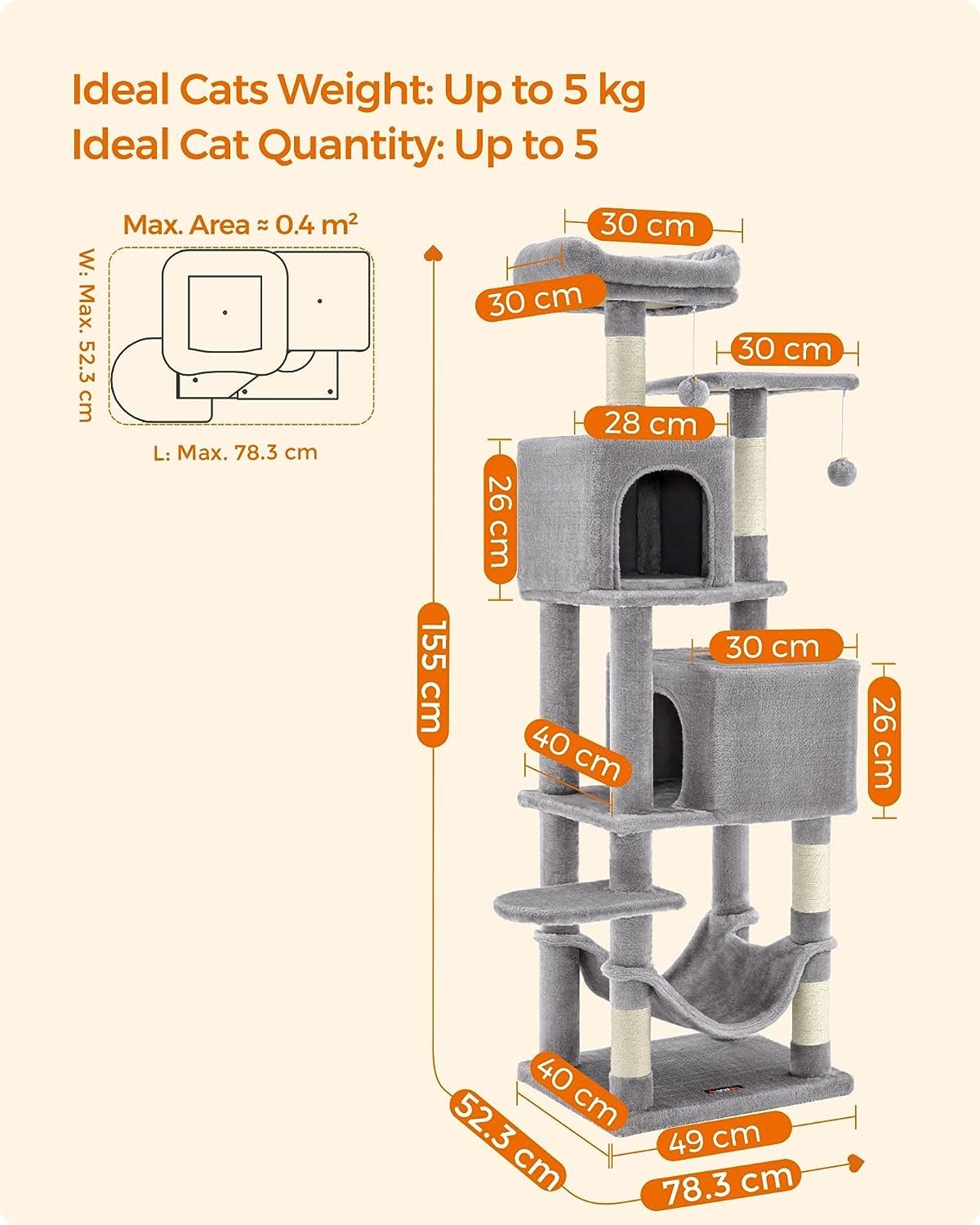 Ljusgrå kattträd - 155 cm högt, plysch och sisalmaterial