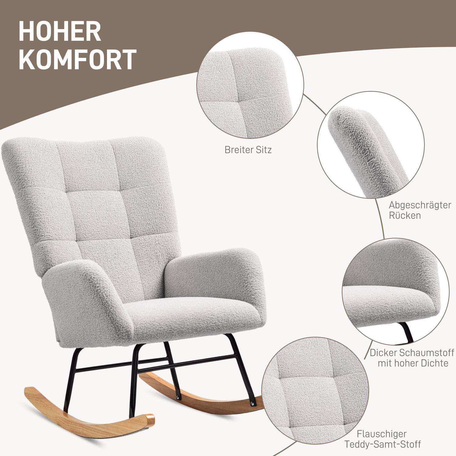 Ljusgrå sammetsgungstol – Armstöd och löpare i trä