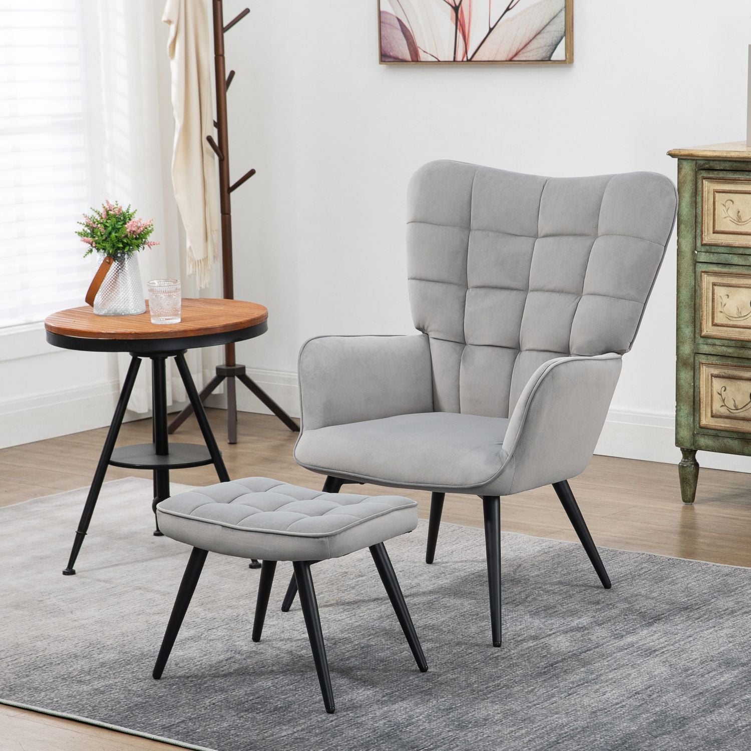 Lounge Wingback stol och pall, sammetslook, ljusgrå