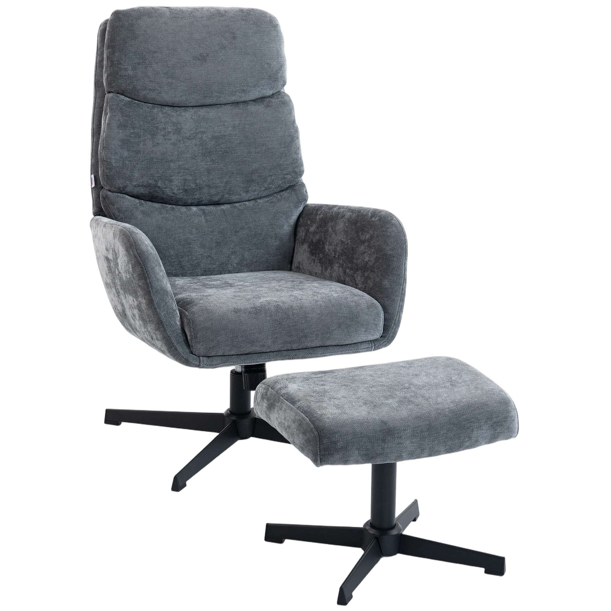 Loungefåtölj med fotpall, hög rygg, metallbas, grå