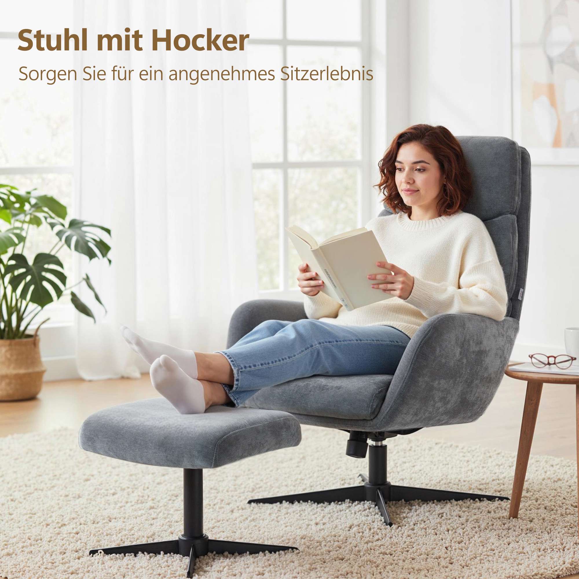 Loungefåtölj med fotpall, hög rygg, metallbas, grå