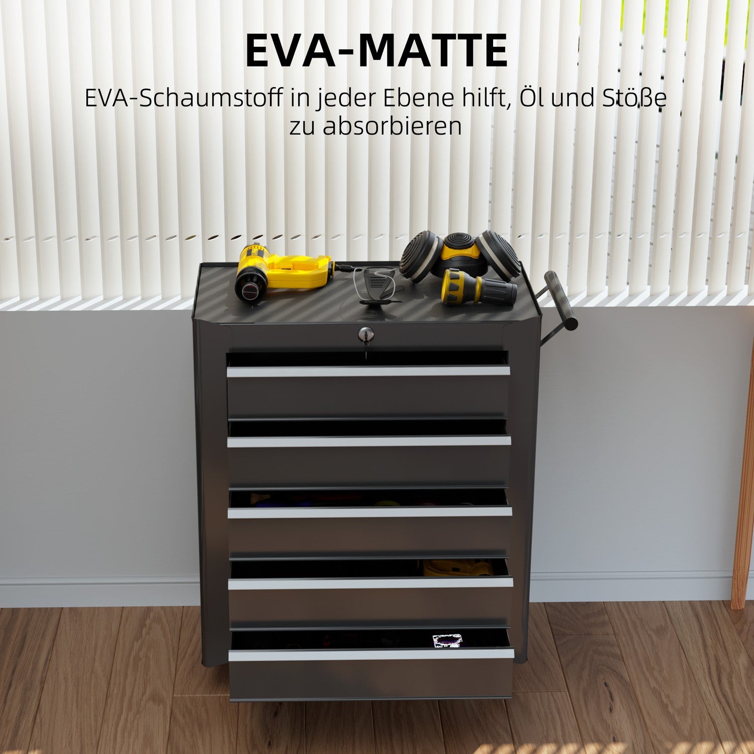 Låsbar svart verktygsvagn med 5 lådor & handtag