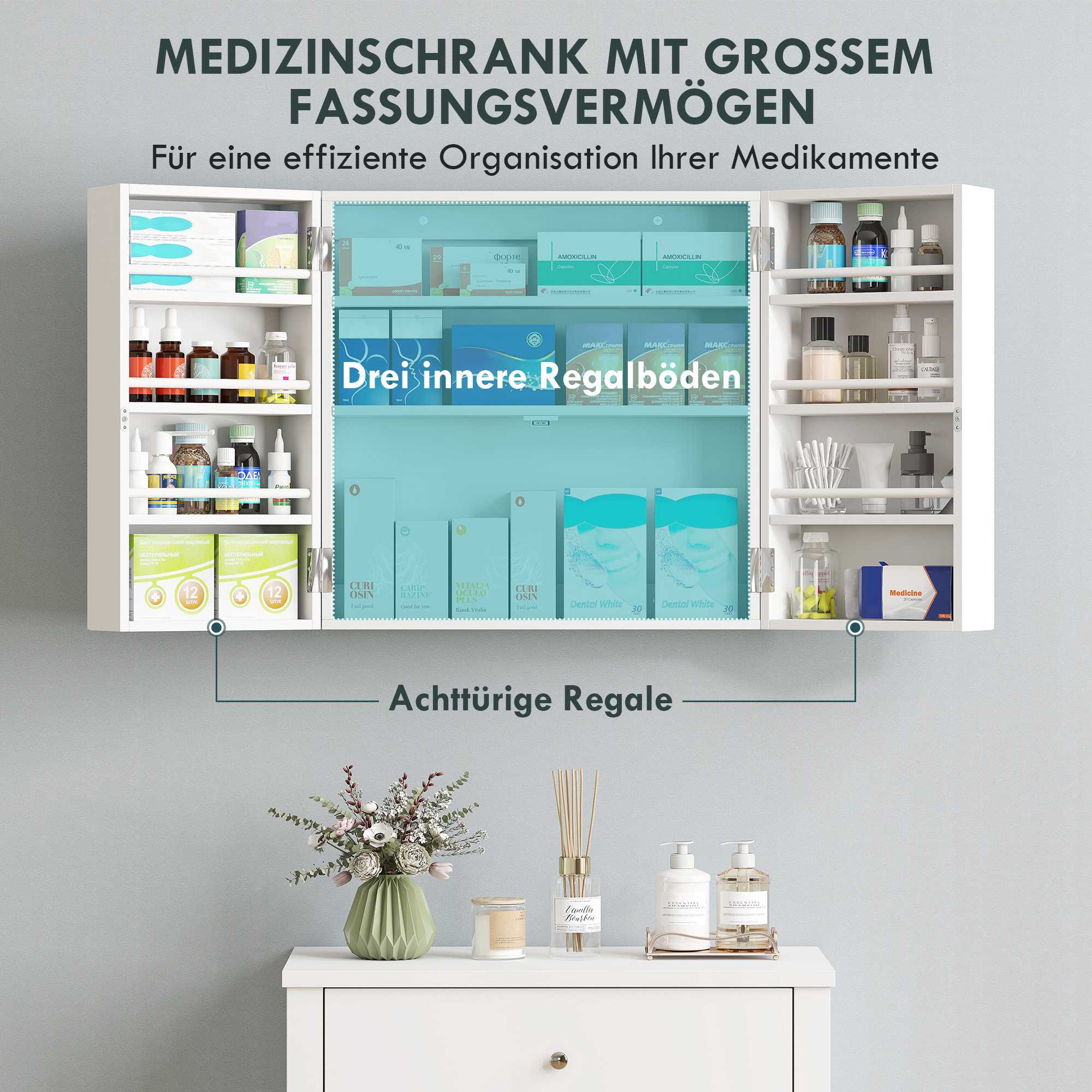 Låsbart väggmonterat medicinskåp, 11 fack, vit