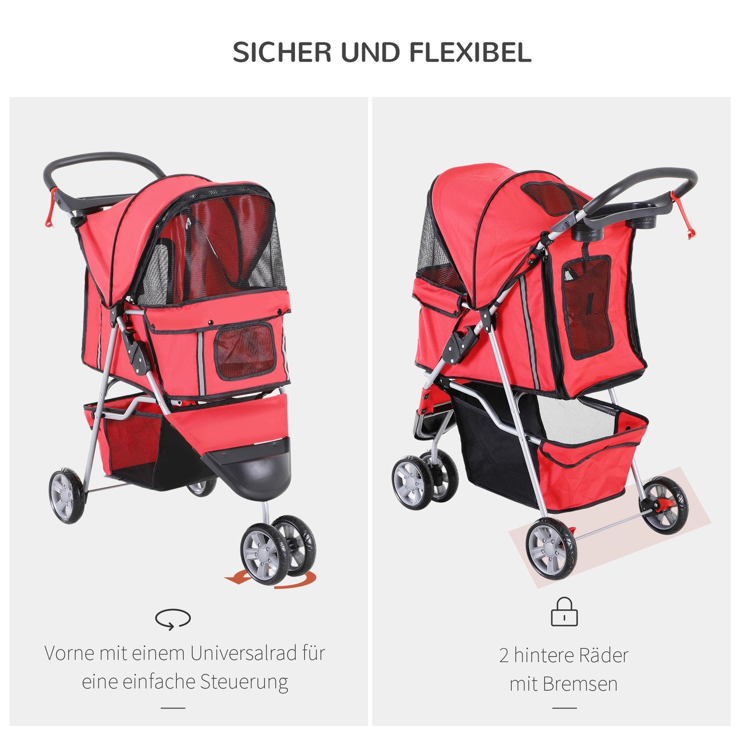 Lätt hopfällbar hund- och kattvagn – Röd