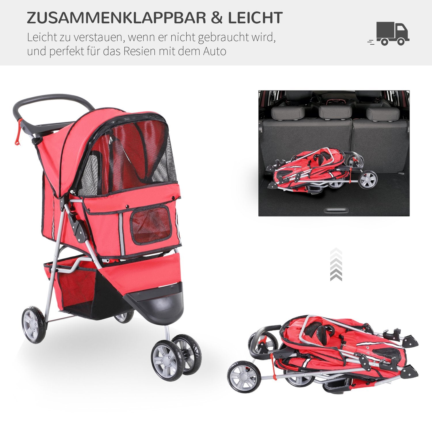 Lätt hopfällbar hund- och kattvagn – Röd