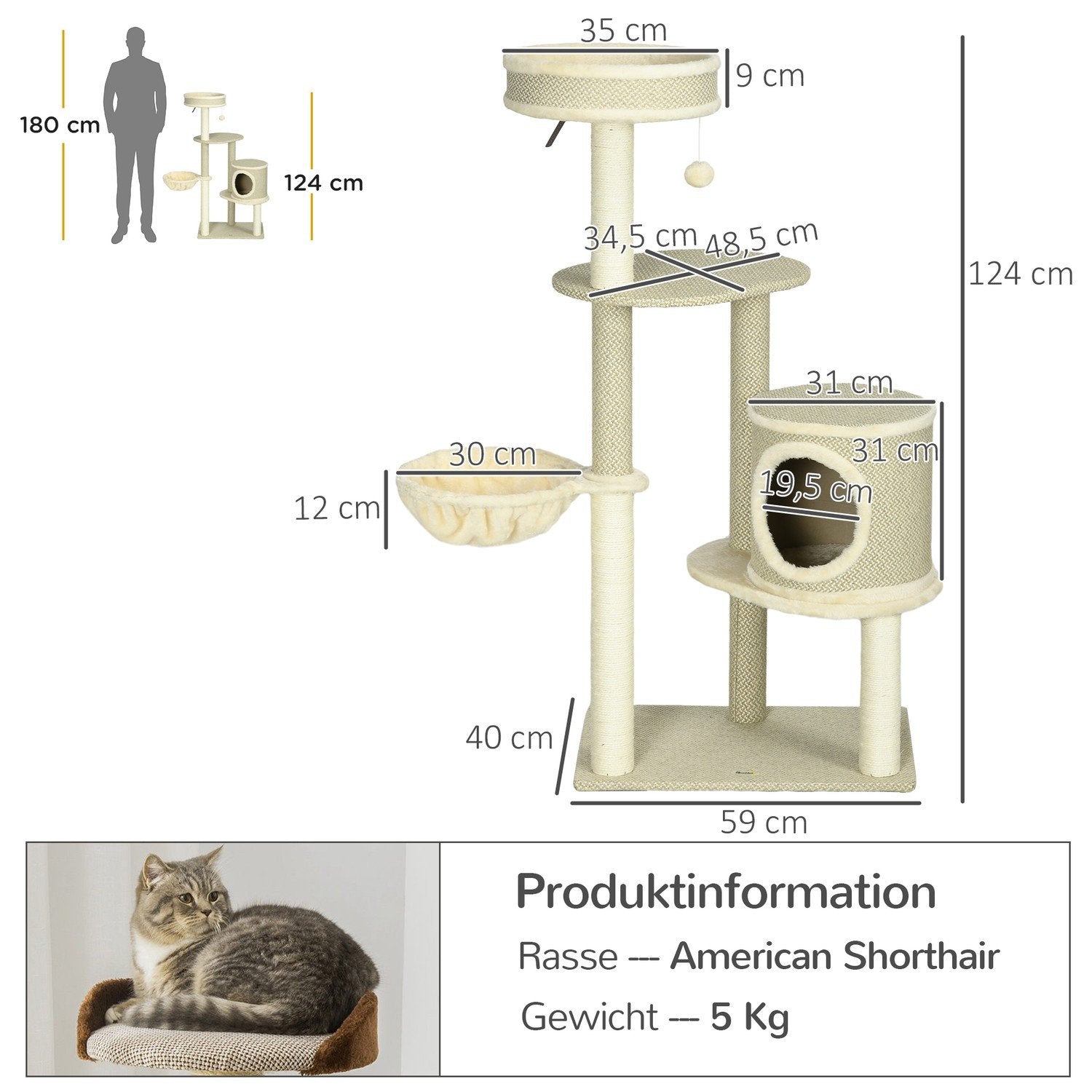 Kattskrapstolpe 124Cm Med Korg & Klättertorn För Lekboll, 2 Liggytor, För Katter Upp Till 5 Kg