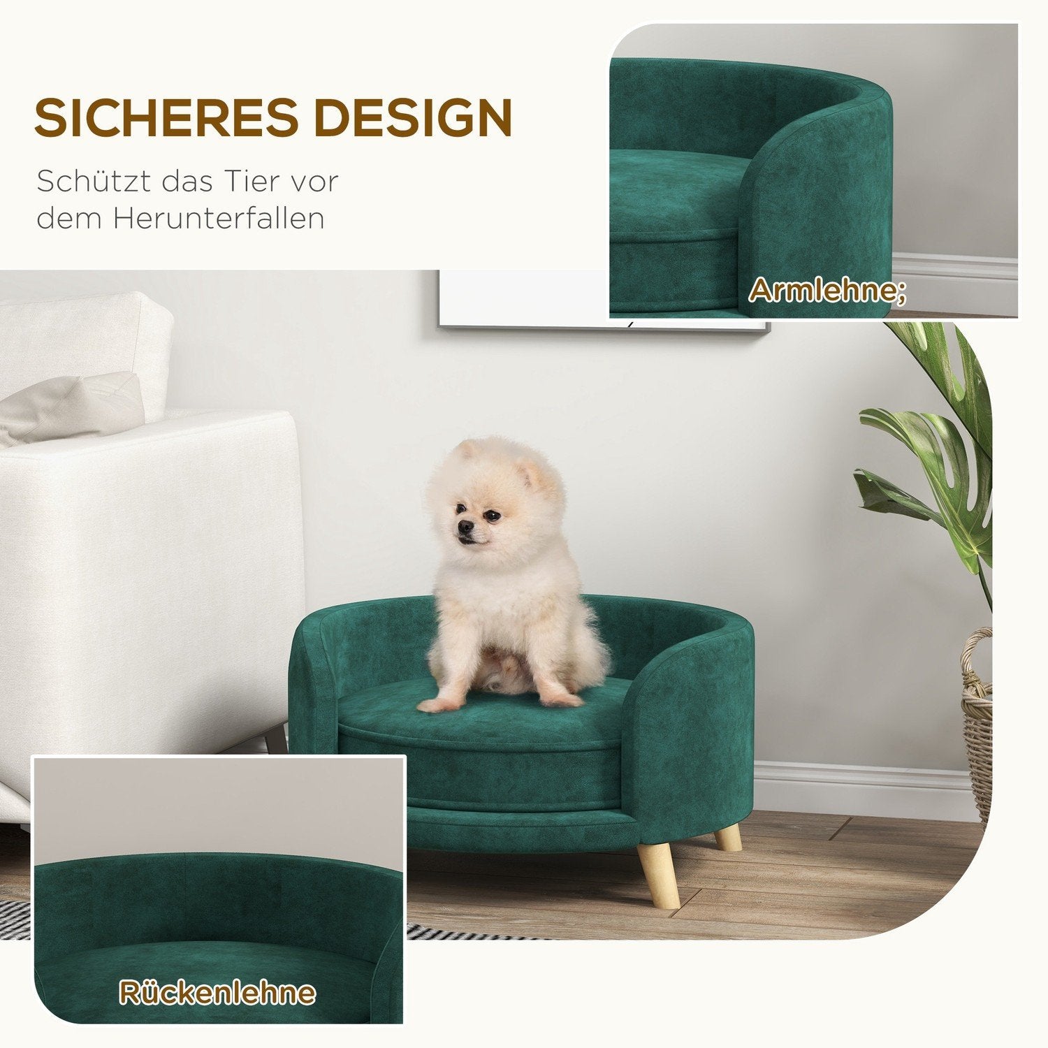 Dog Sofa Velvet Look Pet Soffa Med Kudde, Upphöjd Design & Träben, Grön