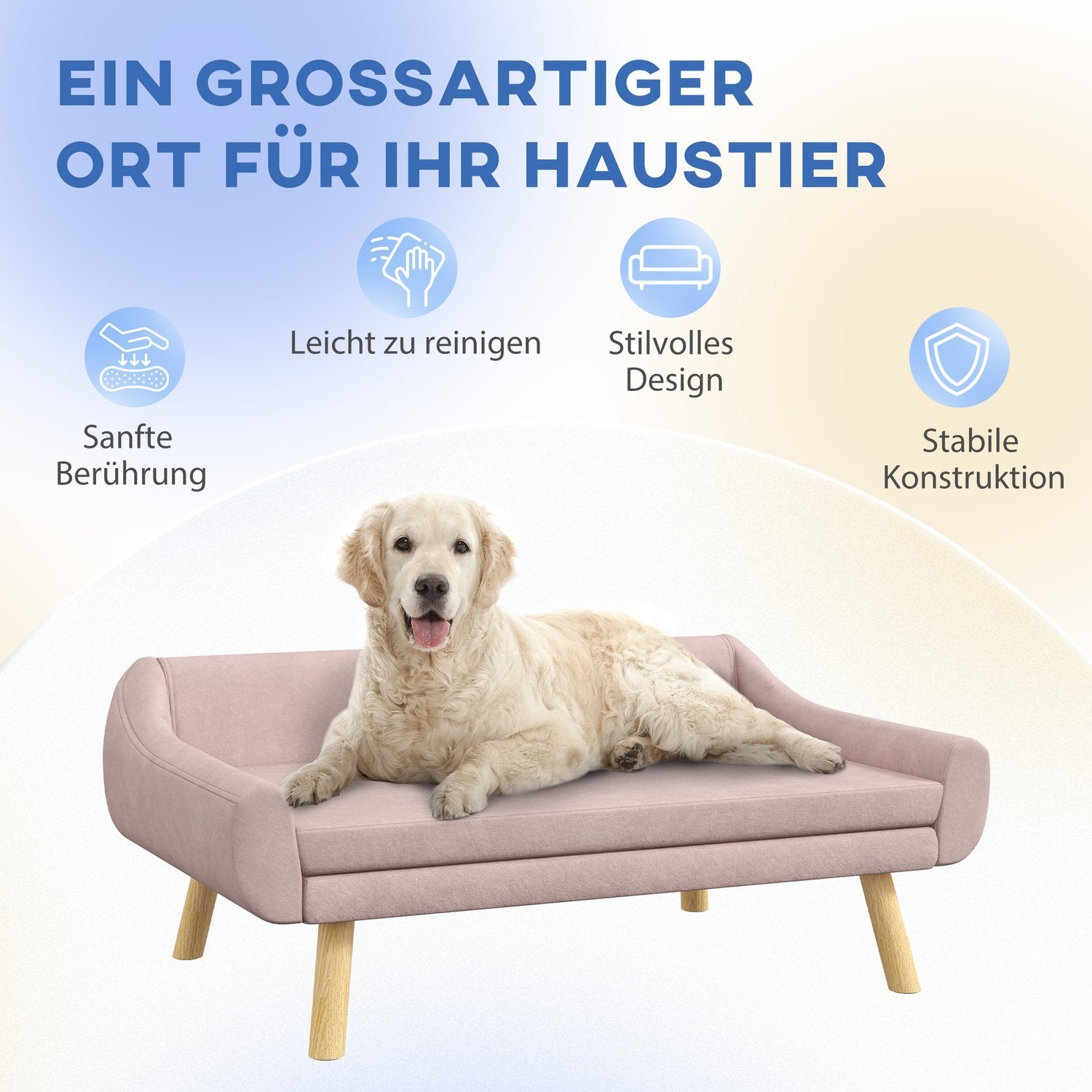 Hundesofa Elegant kattesofa med ryggstøtte, ideell for mellomstore/store hunder, fløyel, rosa, 102X58,5X42,5 cm