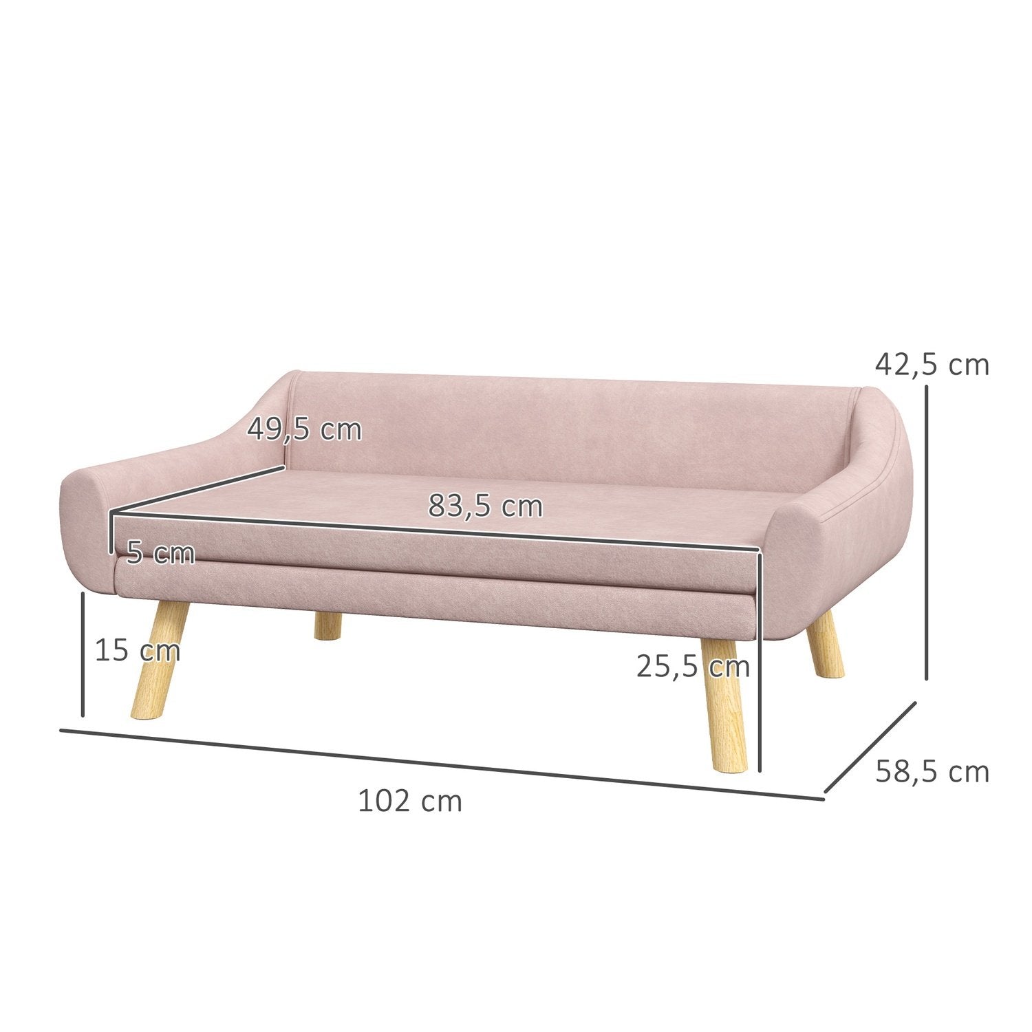 Hundesofa Elegant kattesofa med ryggstøtte, ideell for mellomstore/store hunder, fløyel, rosa, 102X58,5X42,5 cm