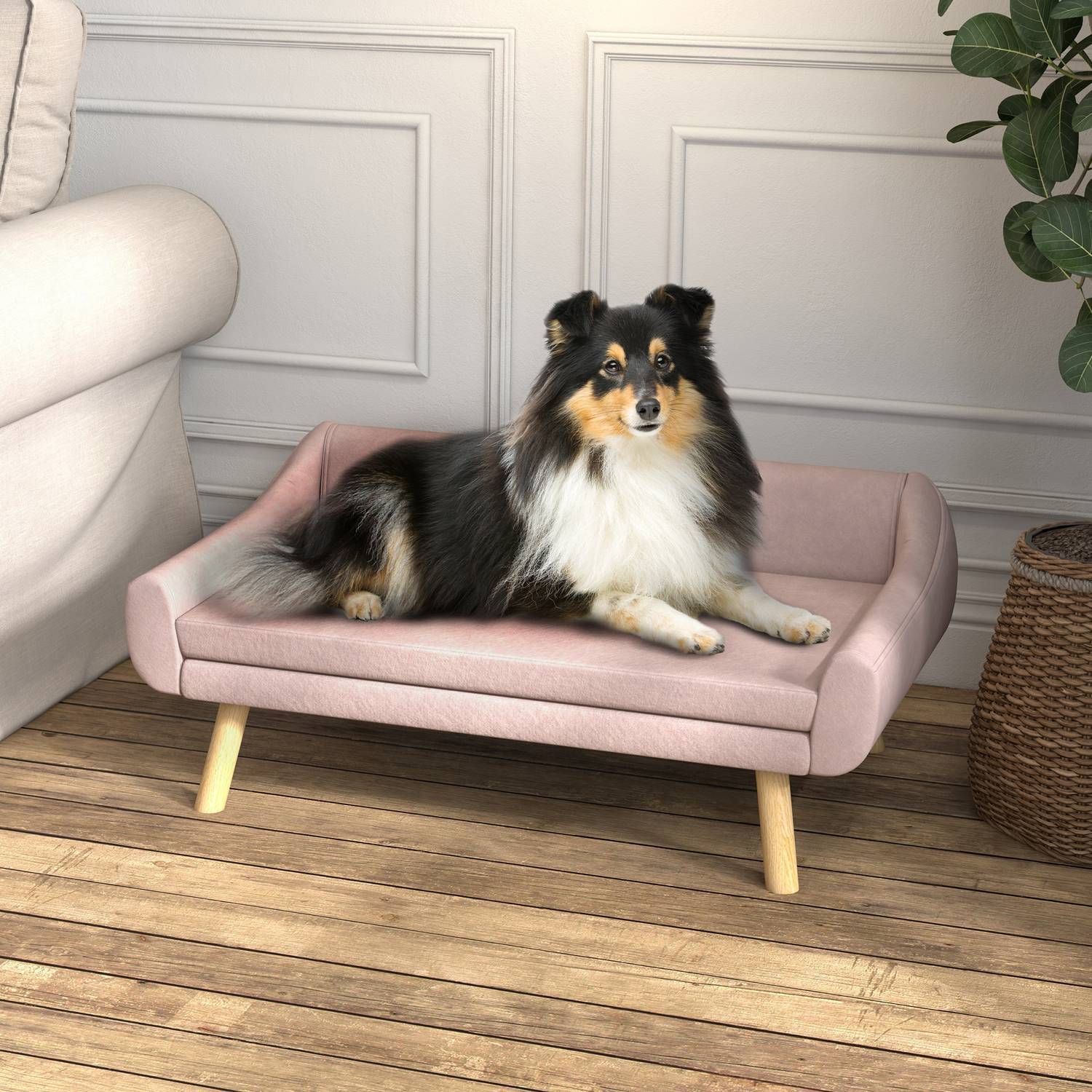 Hundesofa Elegant kattesofa med ryggstøtte, ideell for mellomstore/store hunder, fløyel, rosa, 102X58,5X42,5 cm