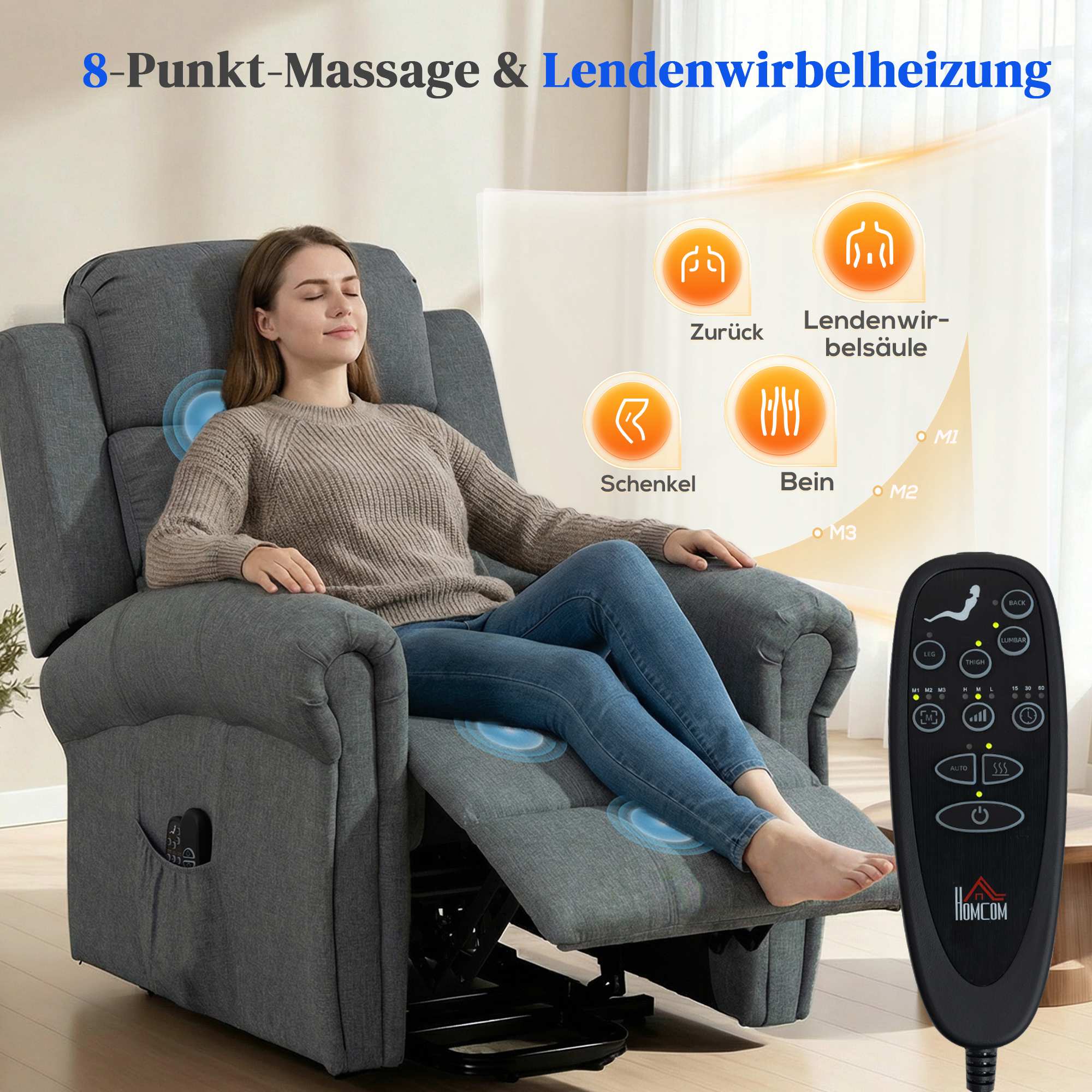 Lyftfåtölj med massagefunktion, värme, linneutseende, grå