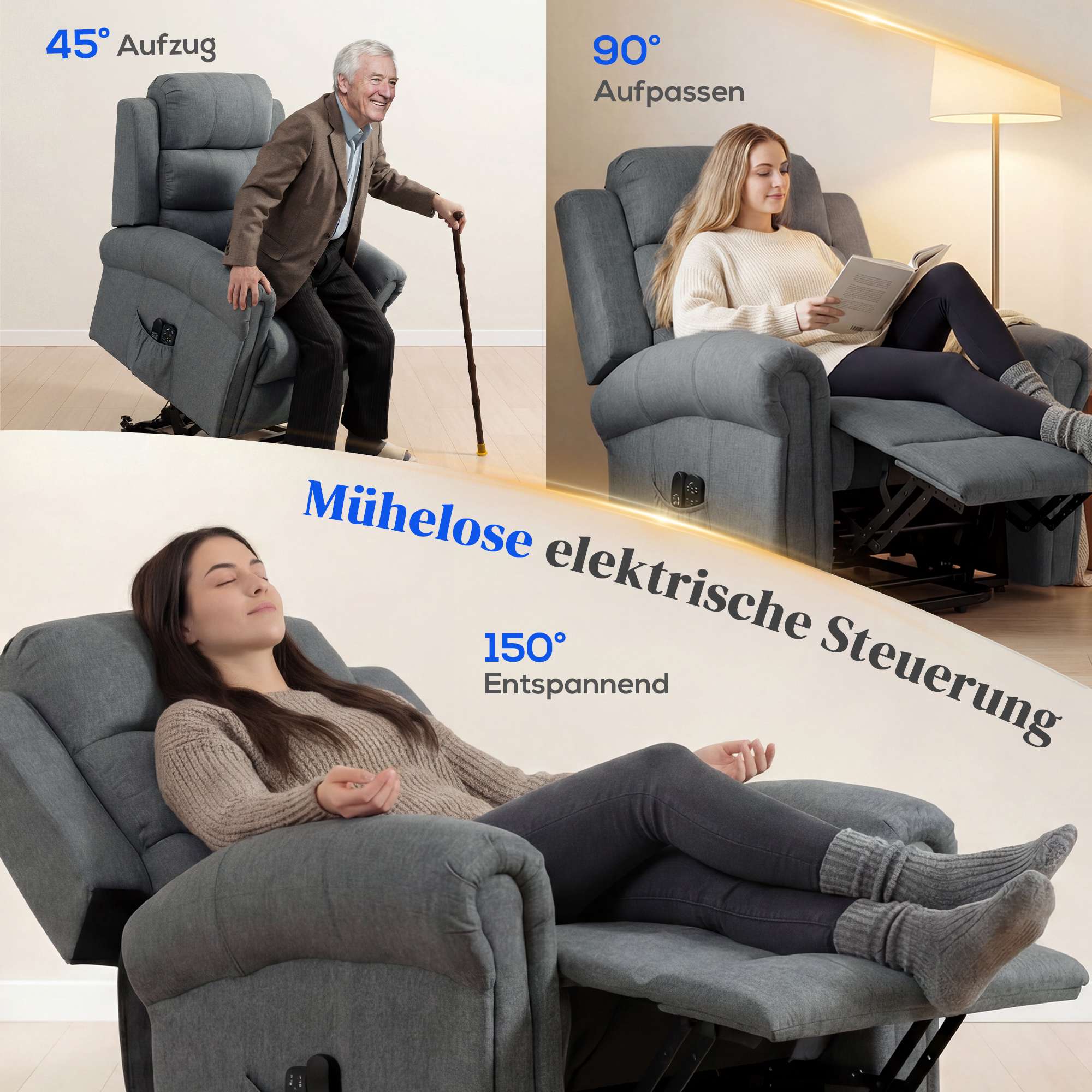 Lyftfåtölj med massagefunktion, värme, linneutseende, grå
