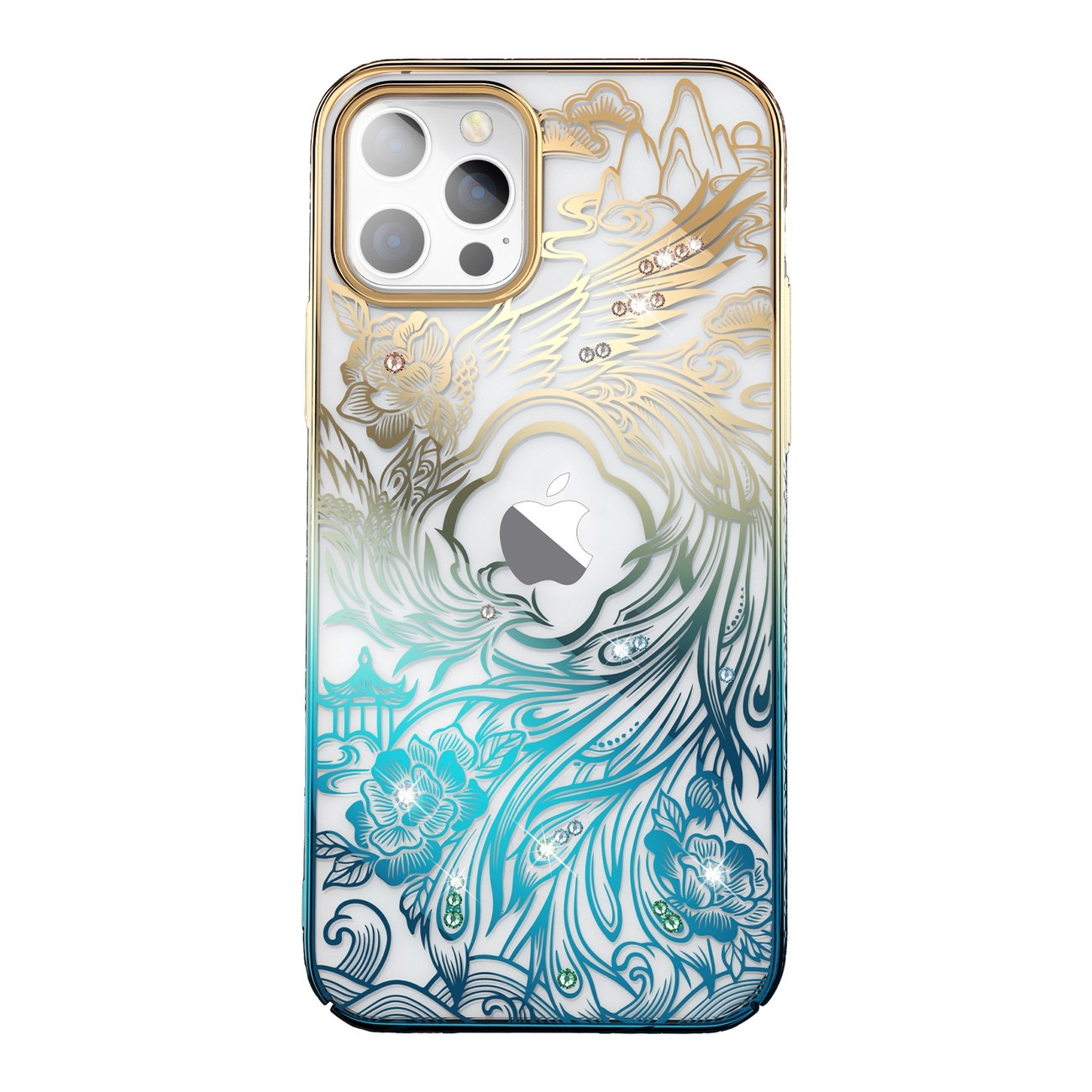 Lyxigt iPhone 14 Plus-fodral med Phoenix-seriens kristaller, guld och blått