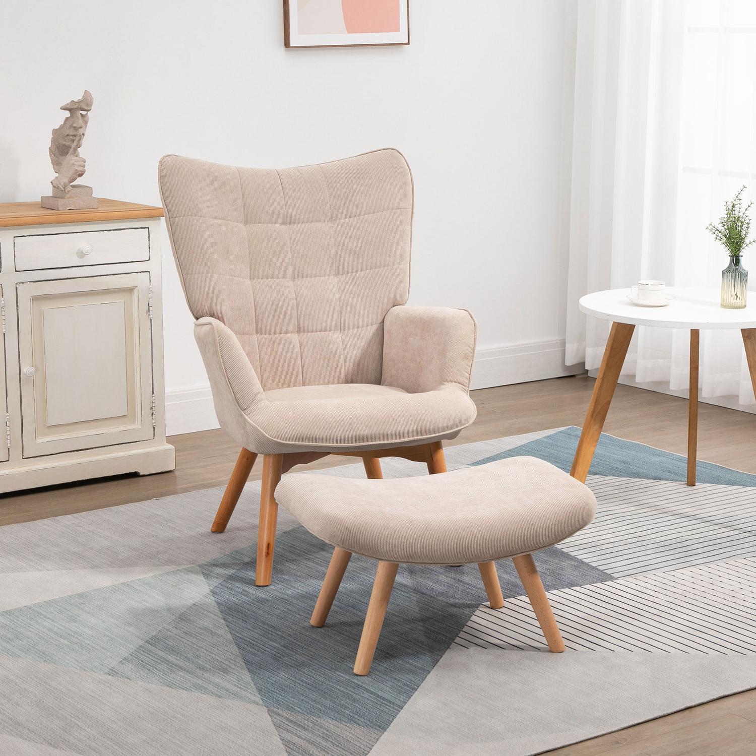 Manchester Lounge Wing Chair med ottomansk, beige klädsel