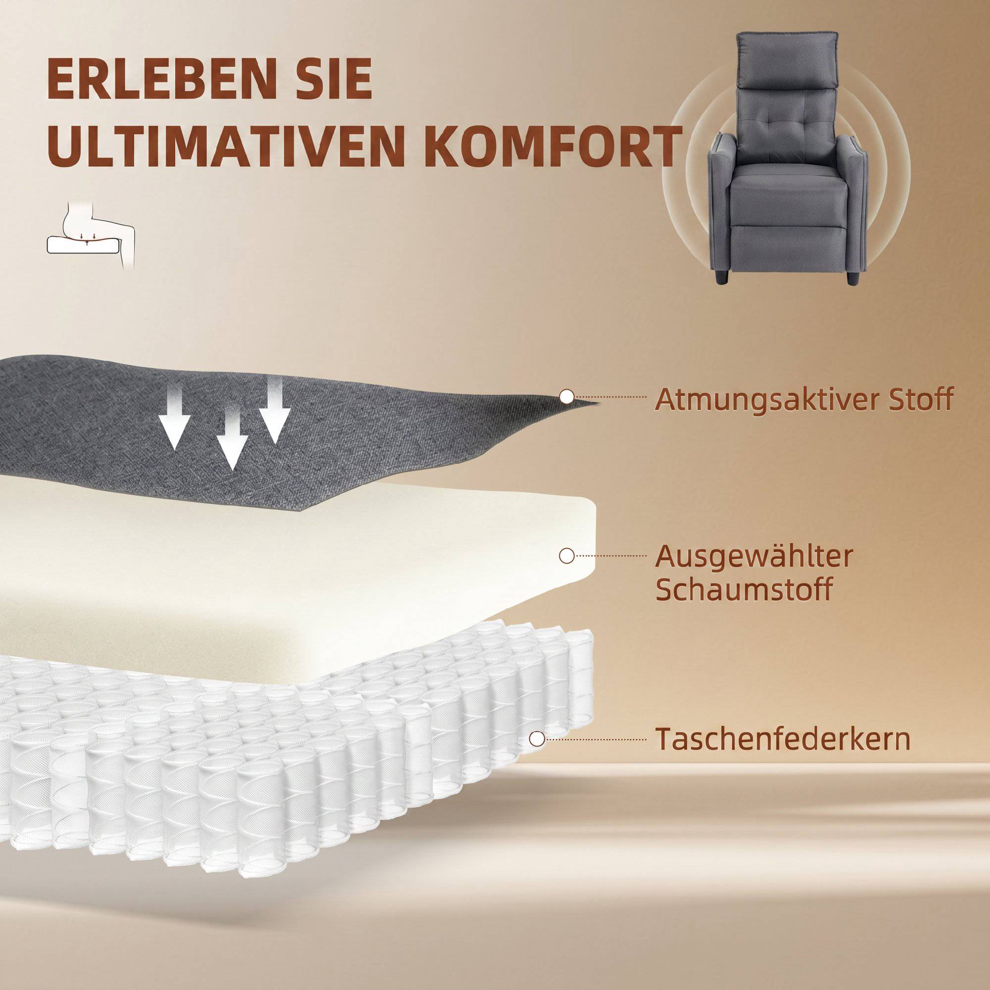 Massagefåtölj med fotstöd, 160 graders lutning, grå
