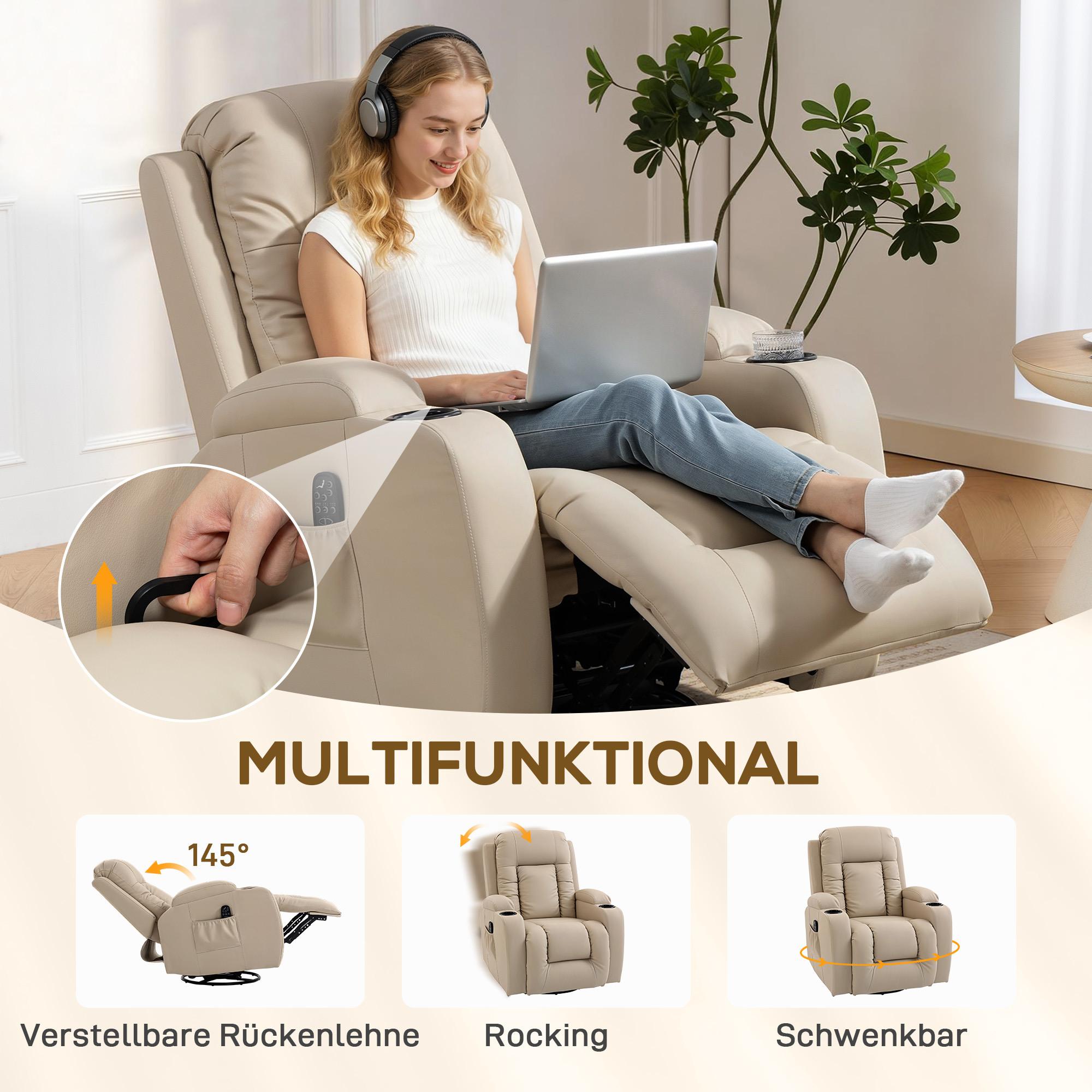 Massagefåtölj med lutning, gungfunktion, värme, 3 lägen, krämvit