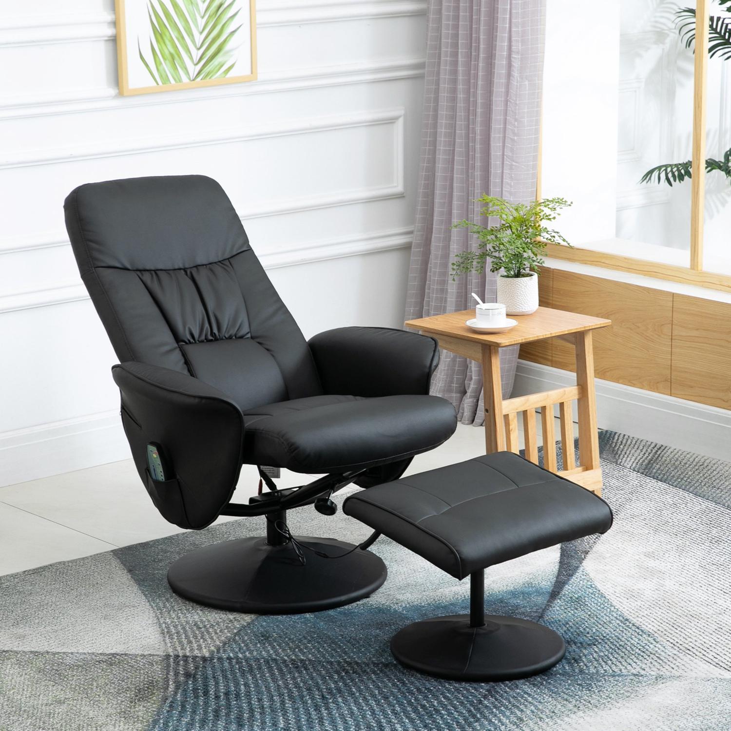 Massagefåtölj med ottoman; Svart konstläder