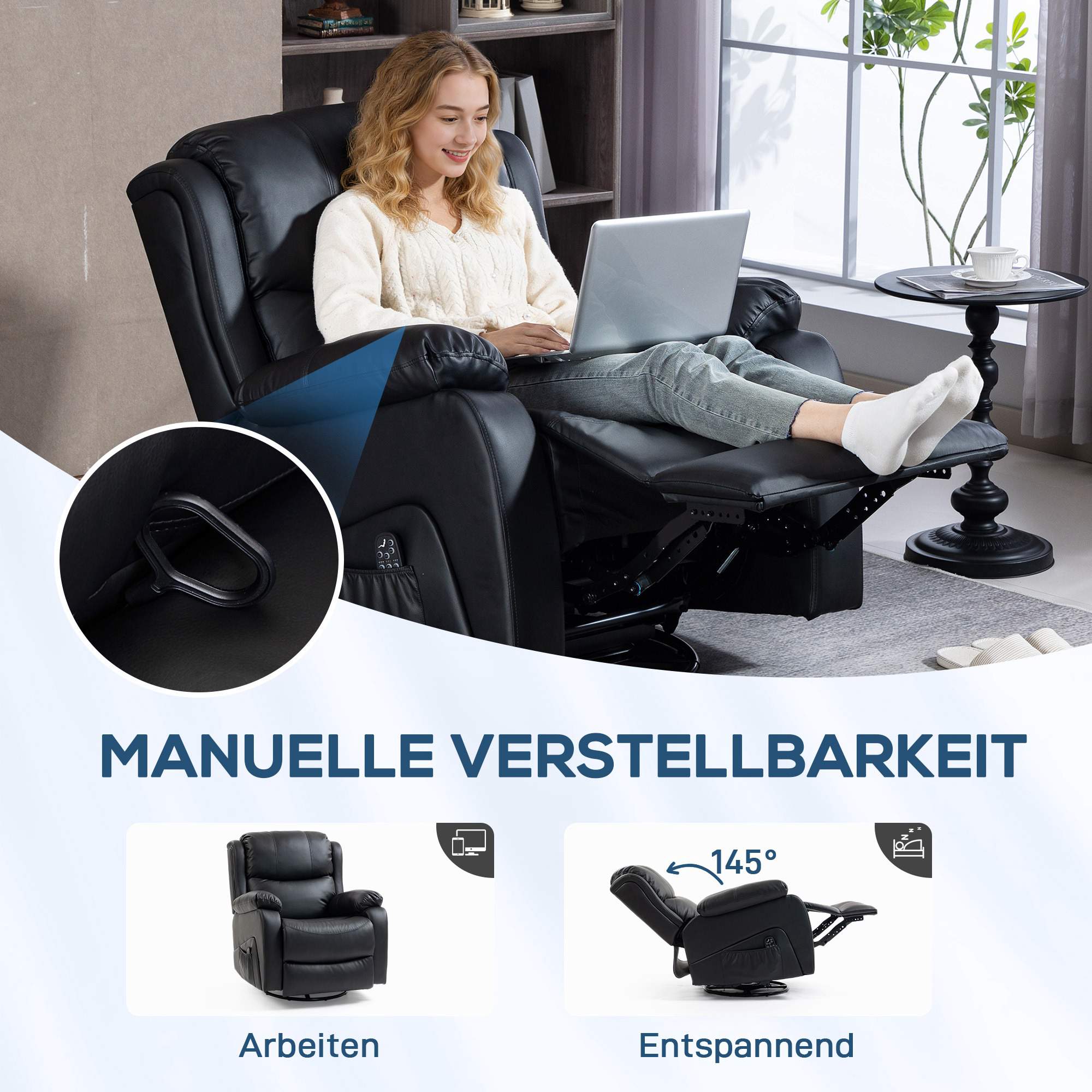 Massagefåtölj med värme, lutning, konstläder, svart