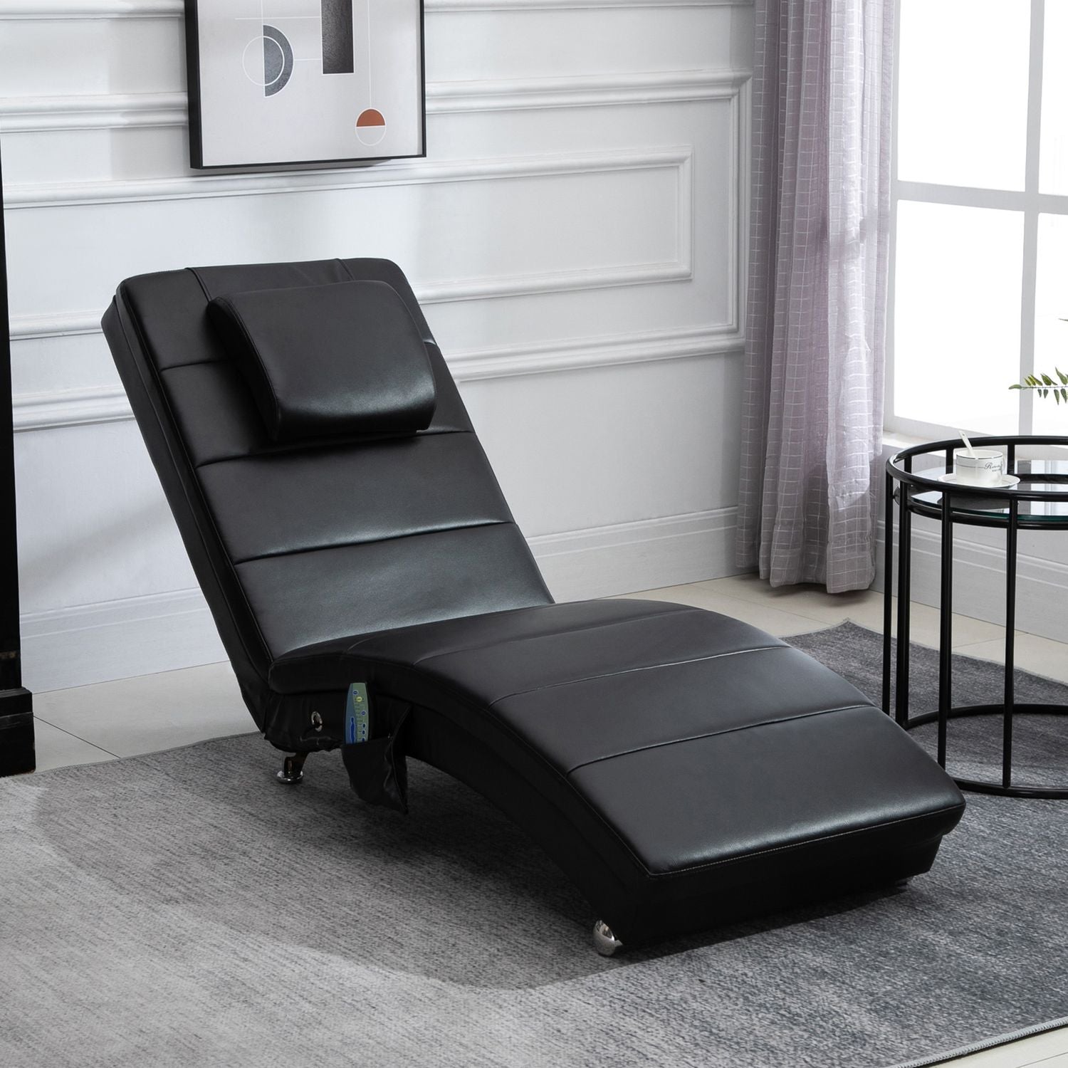 Massageloungestol, högt ryggstöd, konstläder, svart