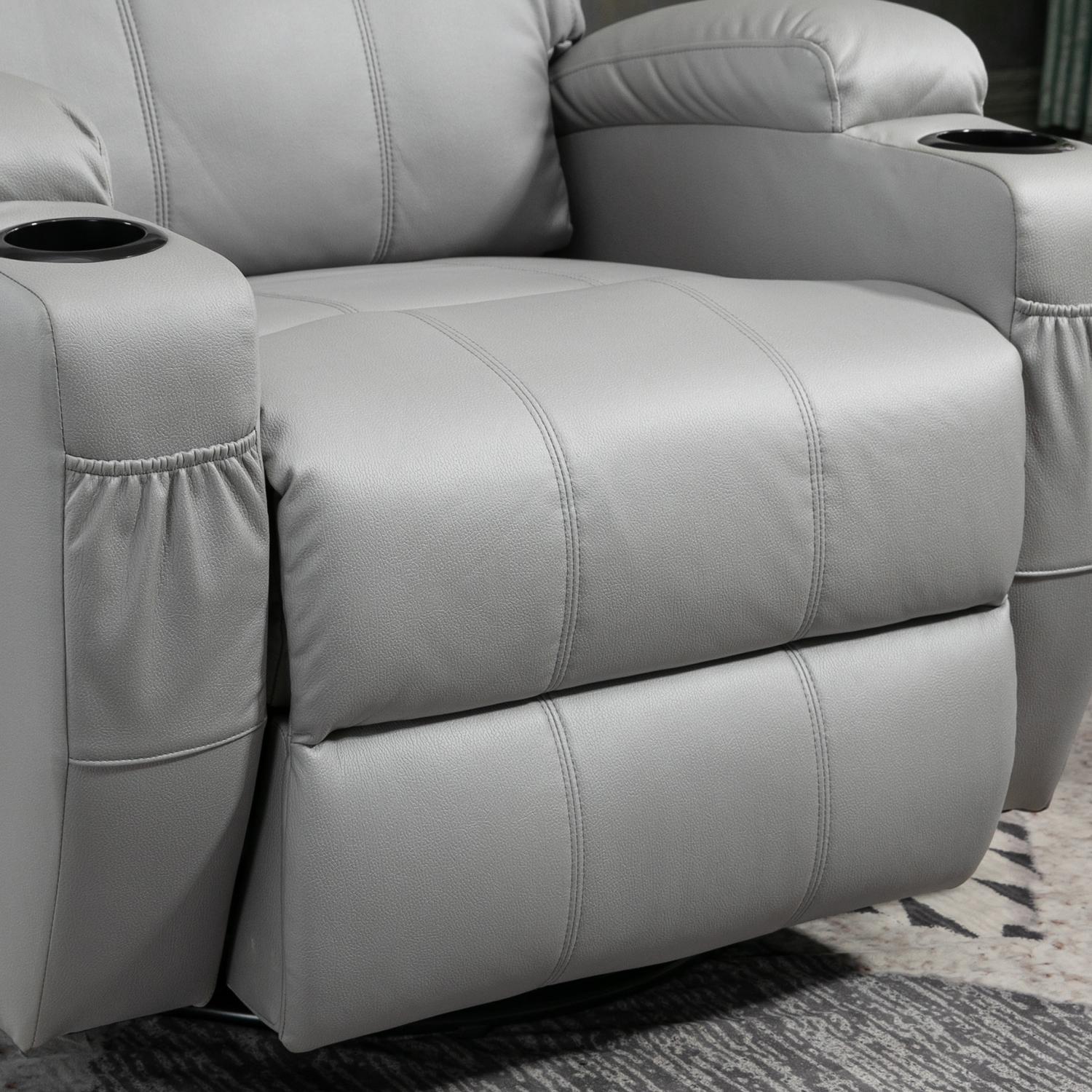 Grå massagestol i konstläder – Fåtölj med fjärrkontroll och vippfunktion