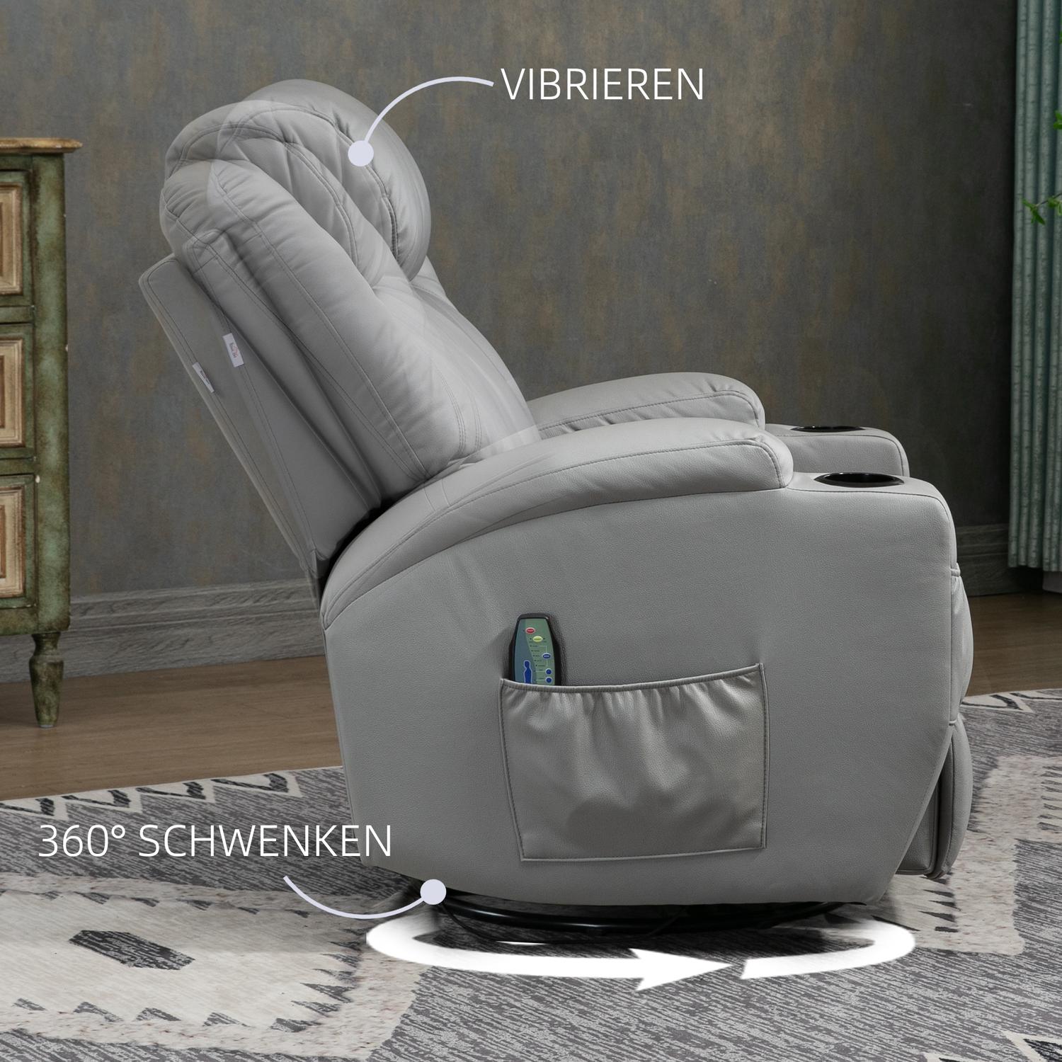 Grå massagestol i konstläder – Fåtölj med fjärrkontroll och vippfunktion