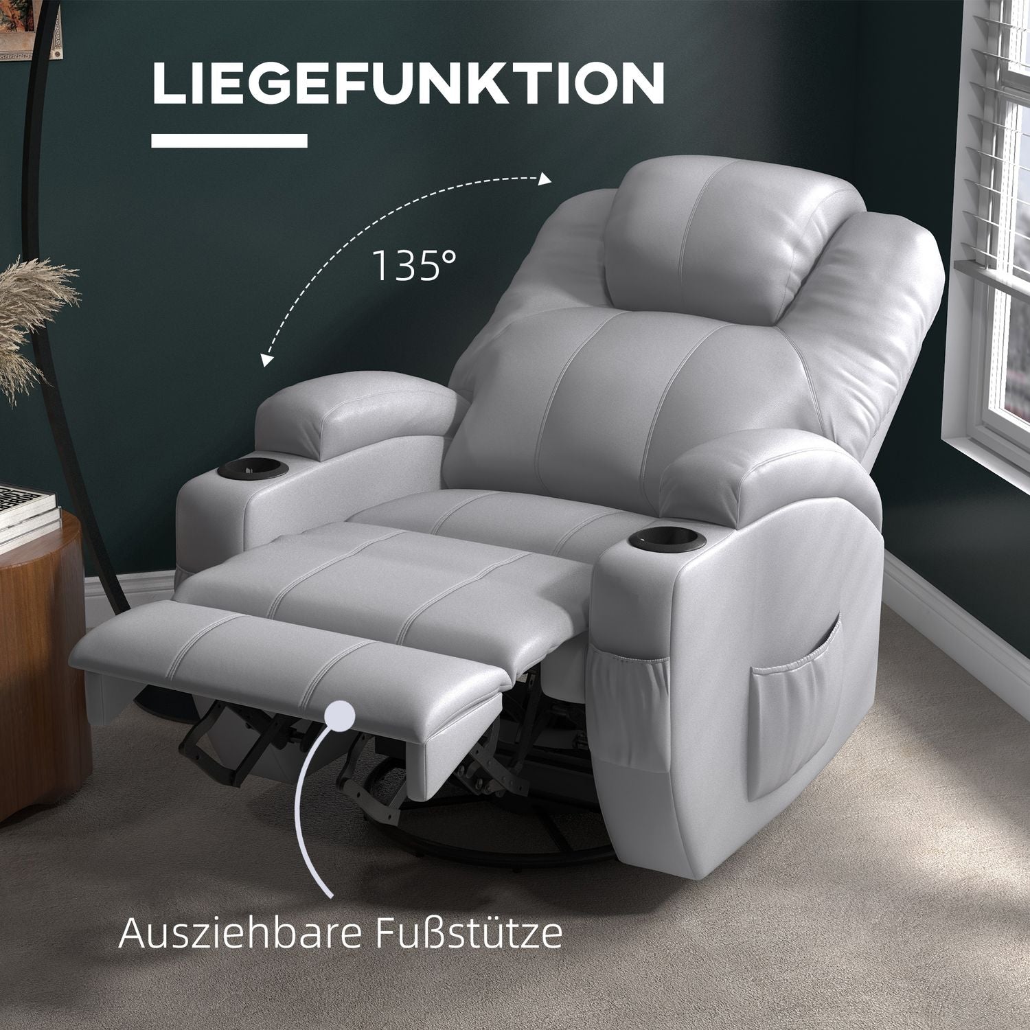 Grå massagestol i konstläder – Fåtölj med fjärrkontroll och vippfunktion