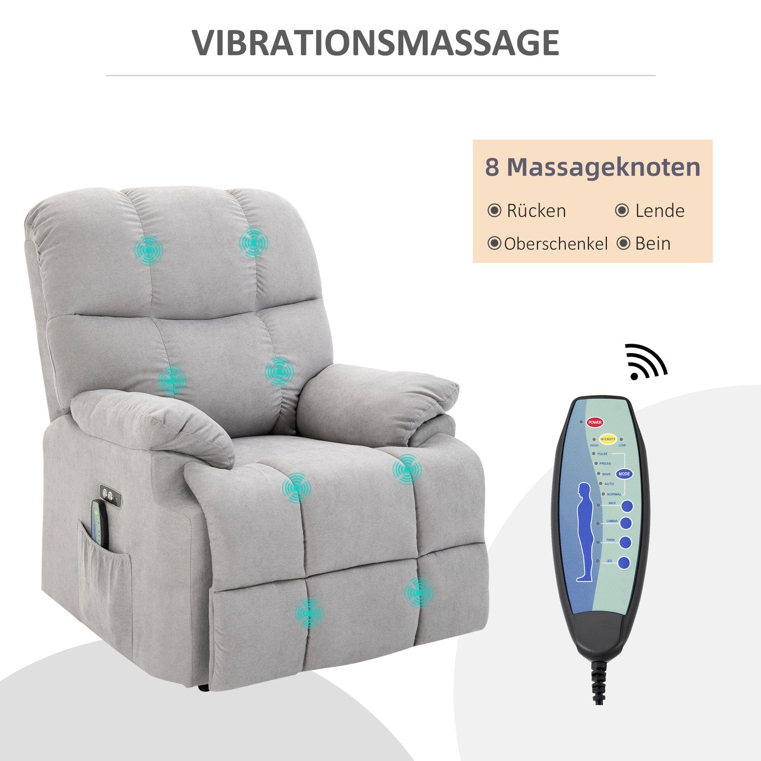 Massagestol med ståhjälp, justerbar, USB-fjärrkontroll