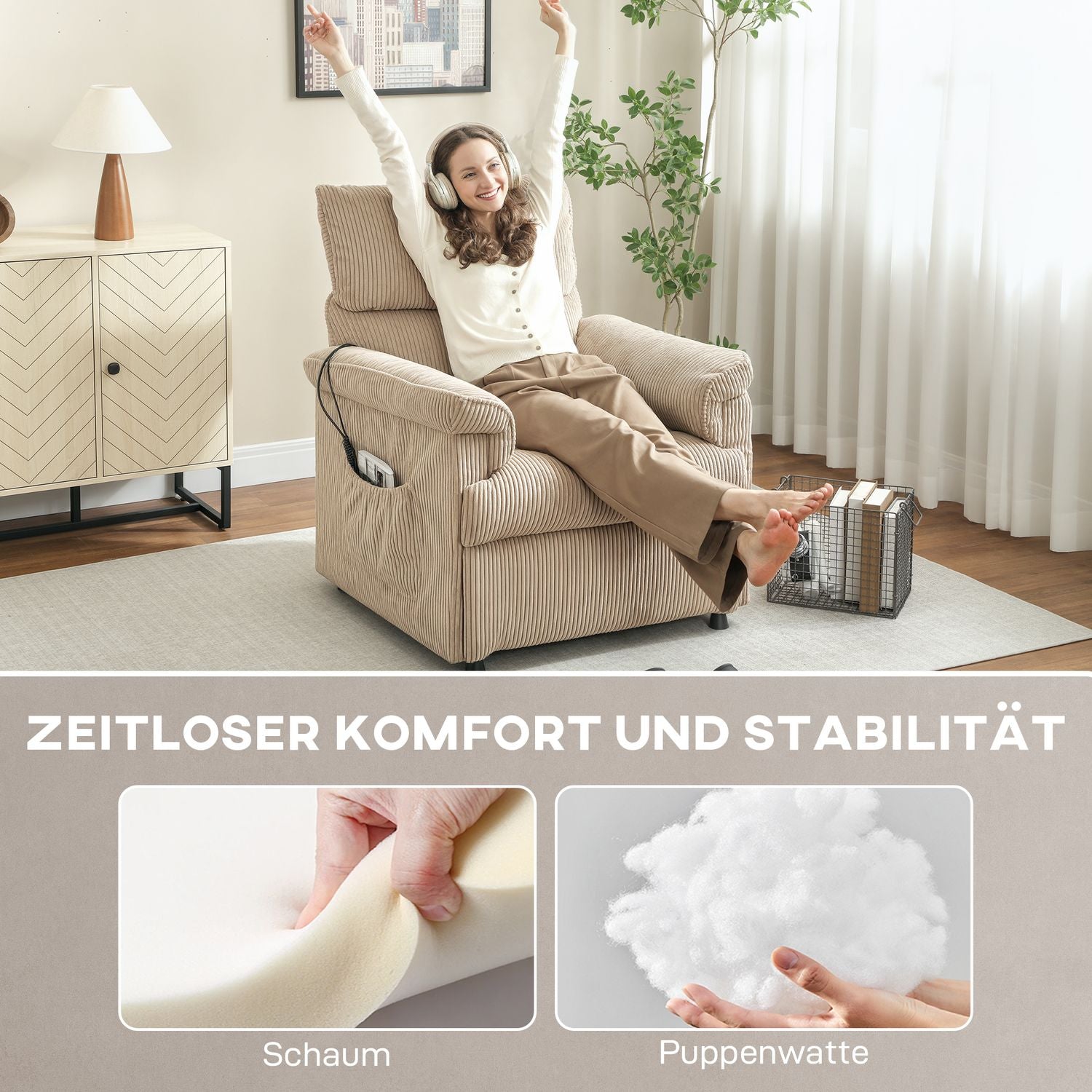 Massagestol med vibration, värme, tyst motor, brunt tyg