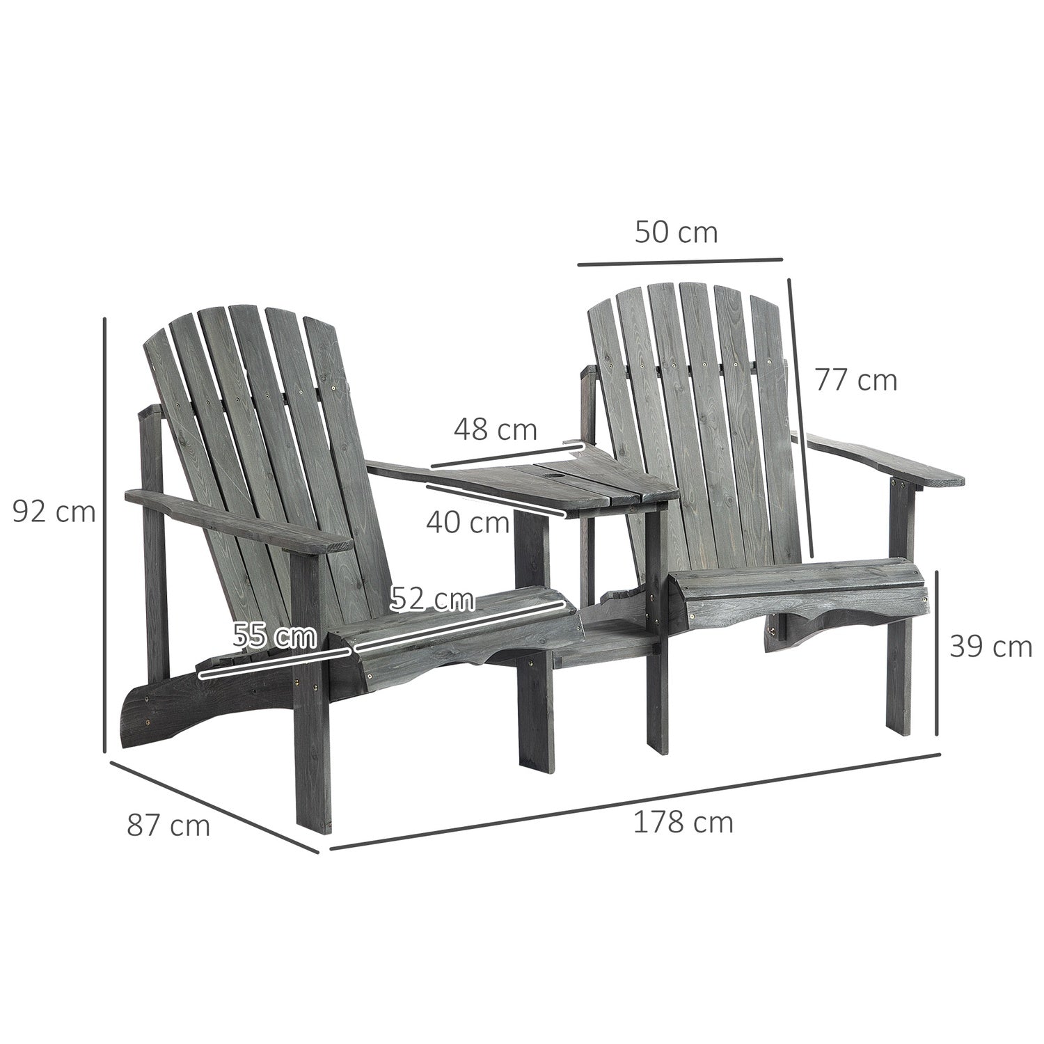 Massivt trä Adirondack stolset med bord, grå