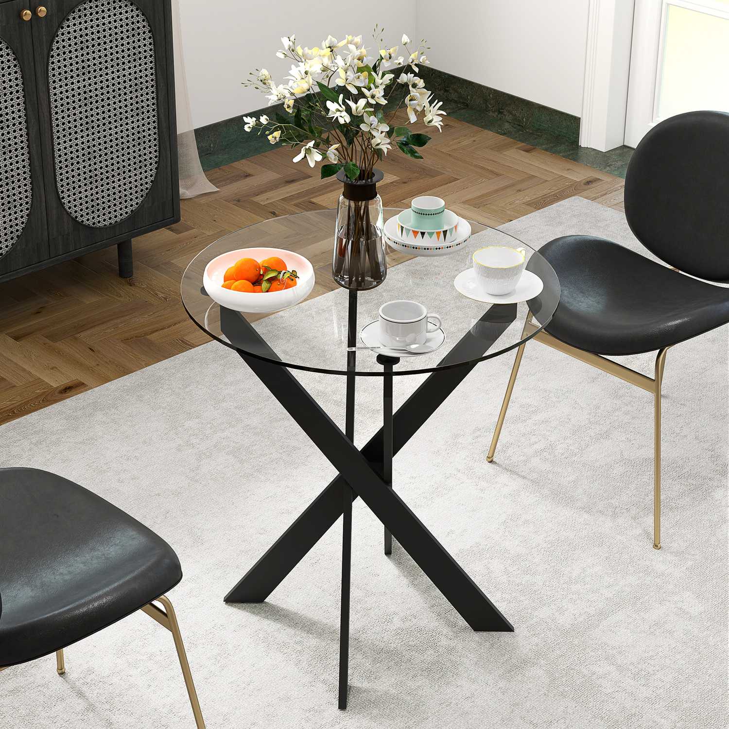 Runt matbord för 4 – Glasskiva & stålben, Ø70 cm