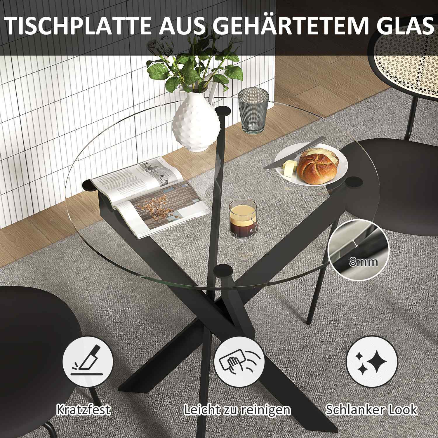 Runt matbord för 4 – Glasskiva & stålben, Ø70 cm