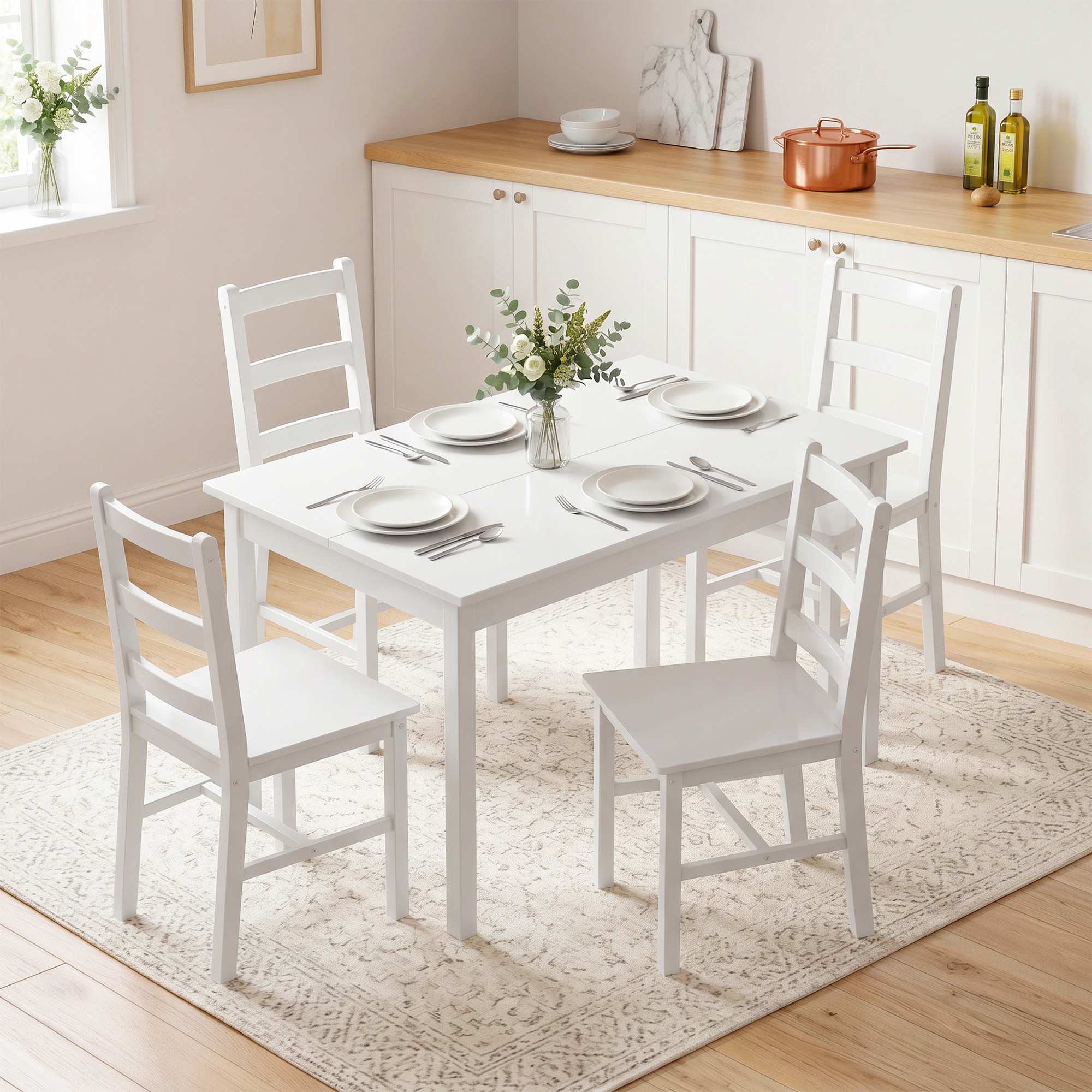Matbordsset, 5 delar massiv furu, vit, plats för 4