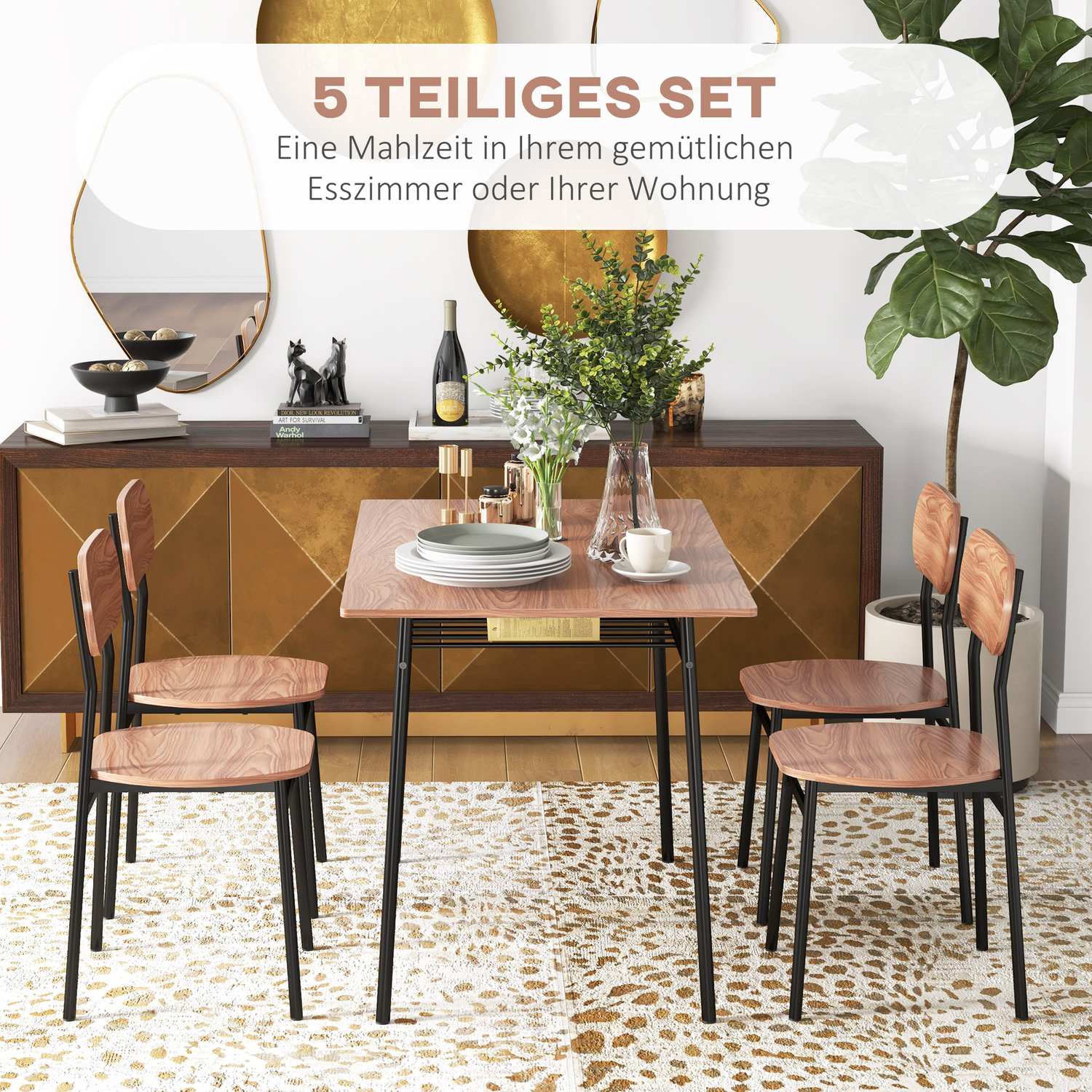 Matbordsset med 4 stolar, teak och stål, modern design