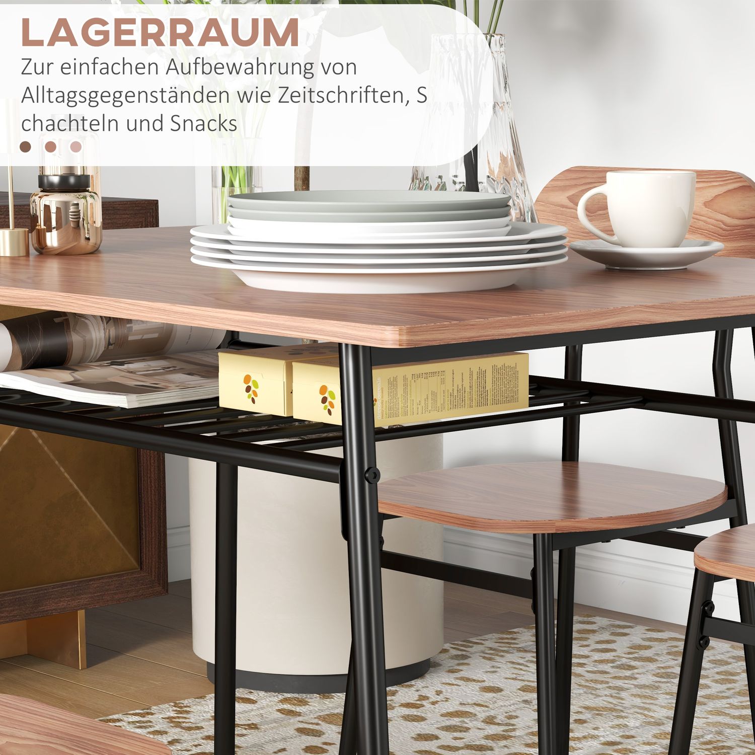 Matbordsset med 4 stolar, teak och stål, modern design