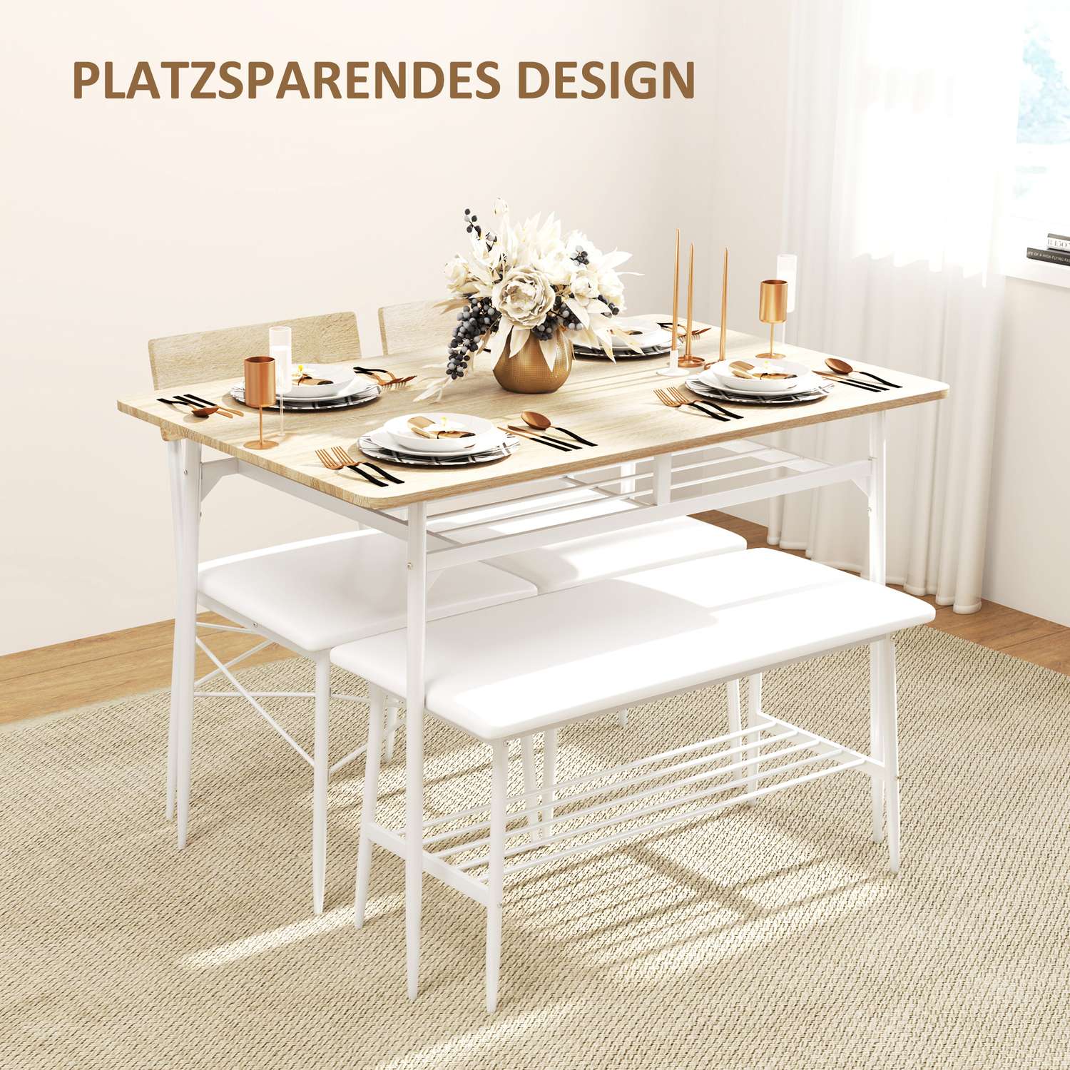 Matbordsset med bänk och stolar, ekfinish