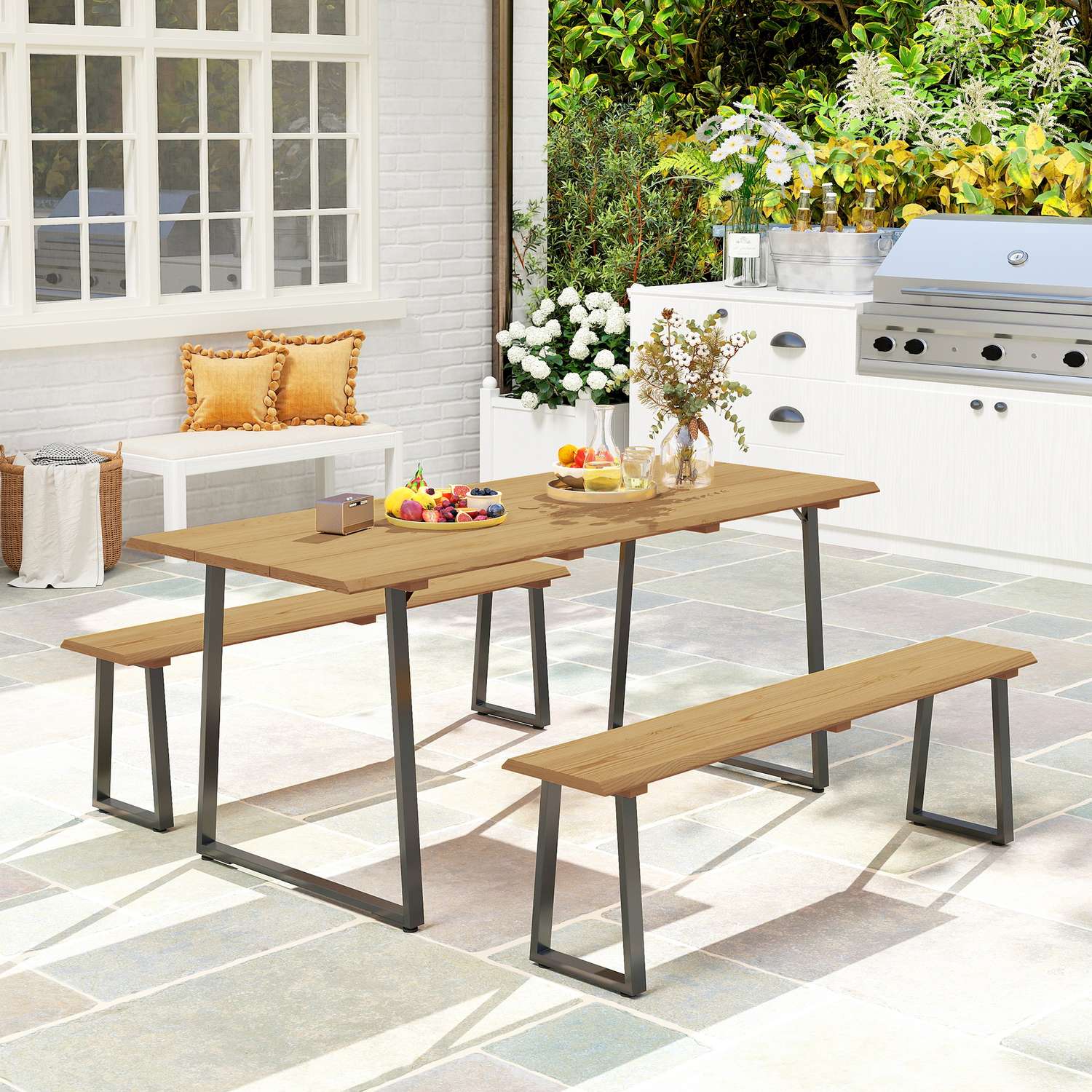 Matsalsset i trä för 6 med bord, bänkar och paraplyhål