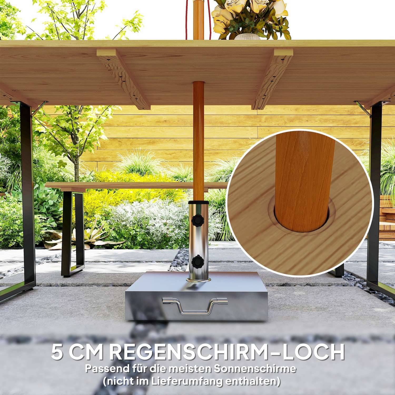 Matsalsset i trä för 6 med bord, bänkar och paraplyhål