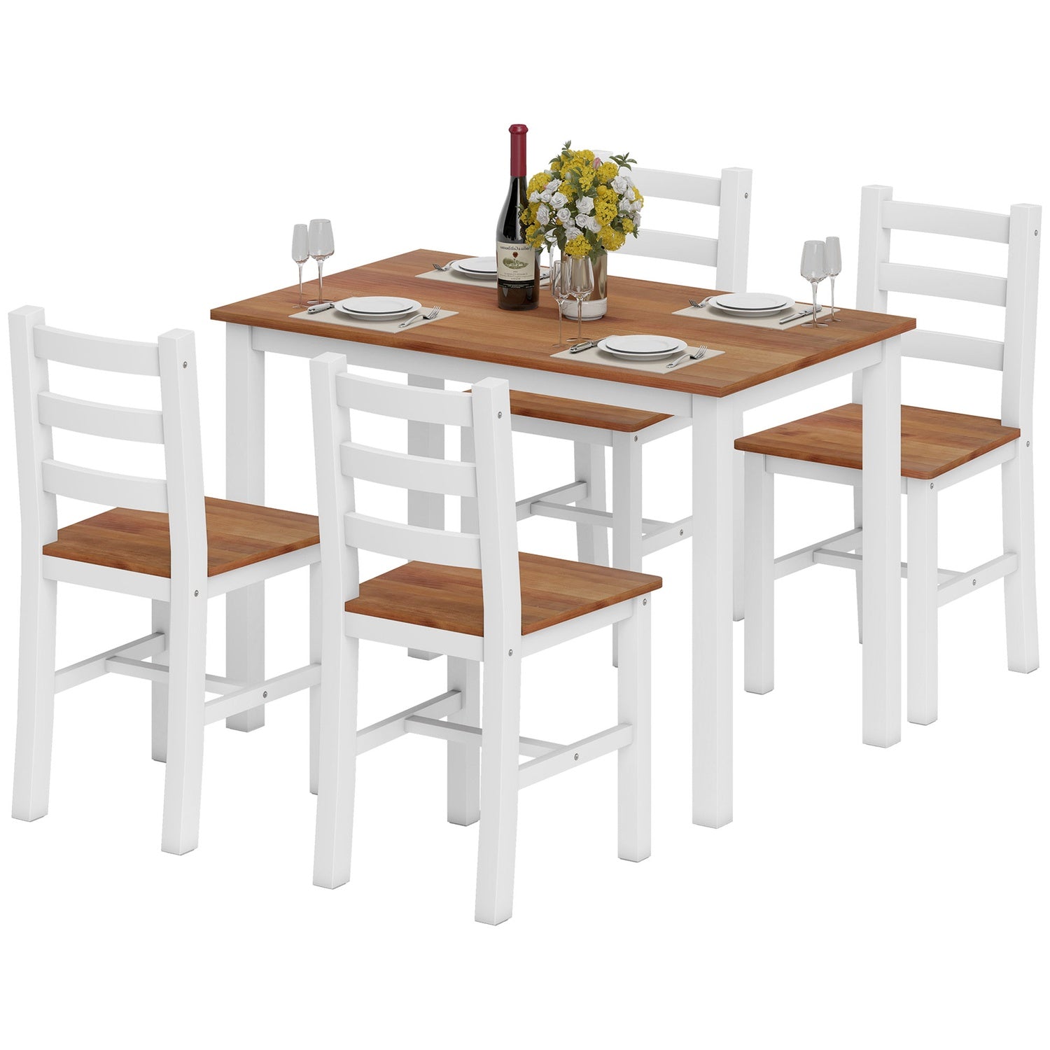 Matsalsset, matbord, 4 stolar, matsalsset, furu, brun+vit