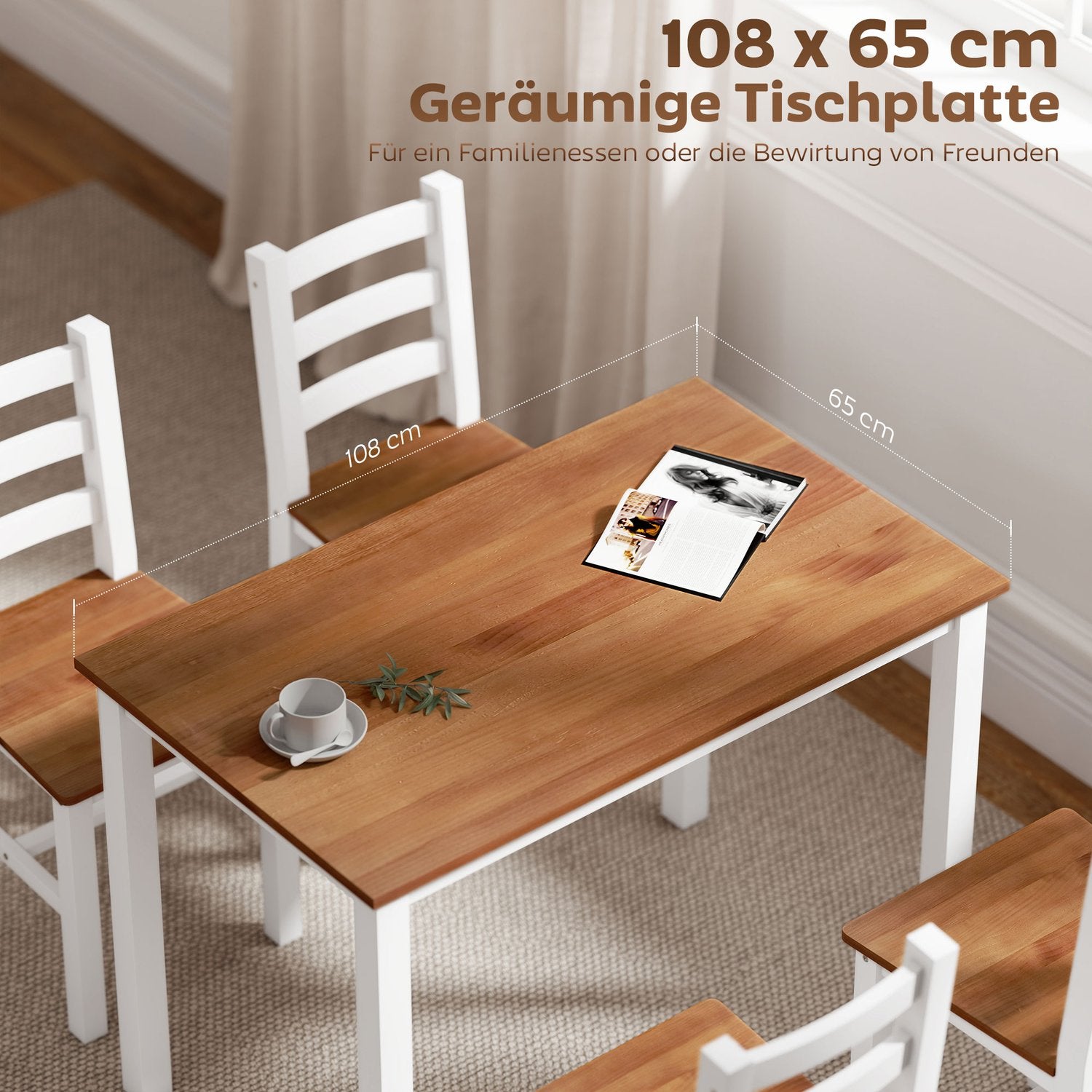 Matsalsset, matbord, 4 stolar, matsalsset, furu, brun+vit
